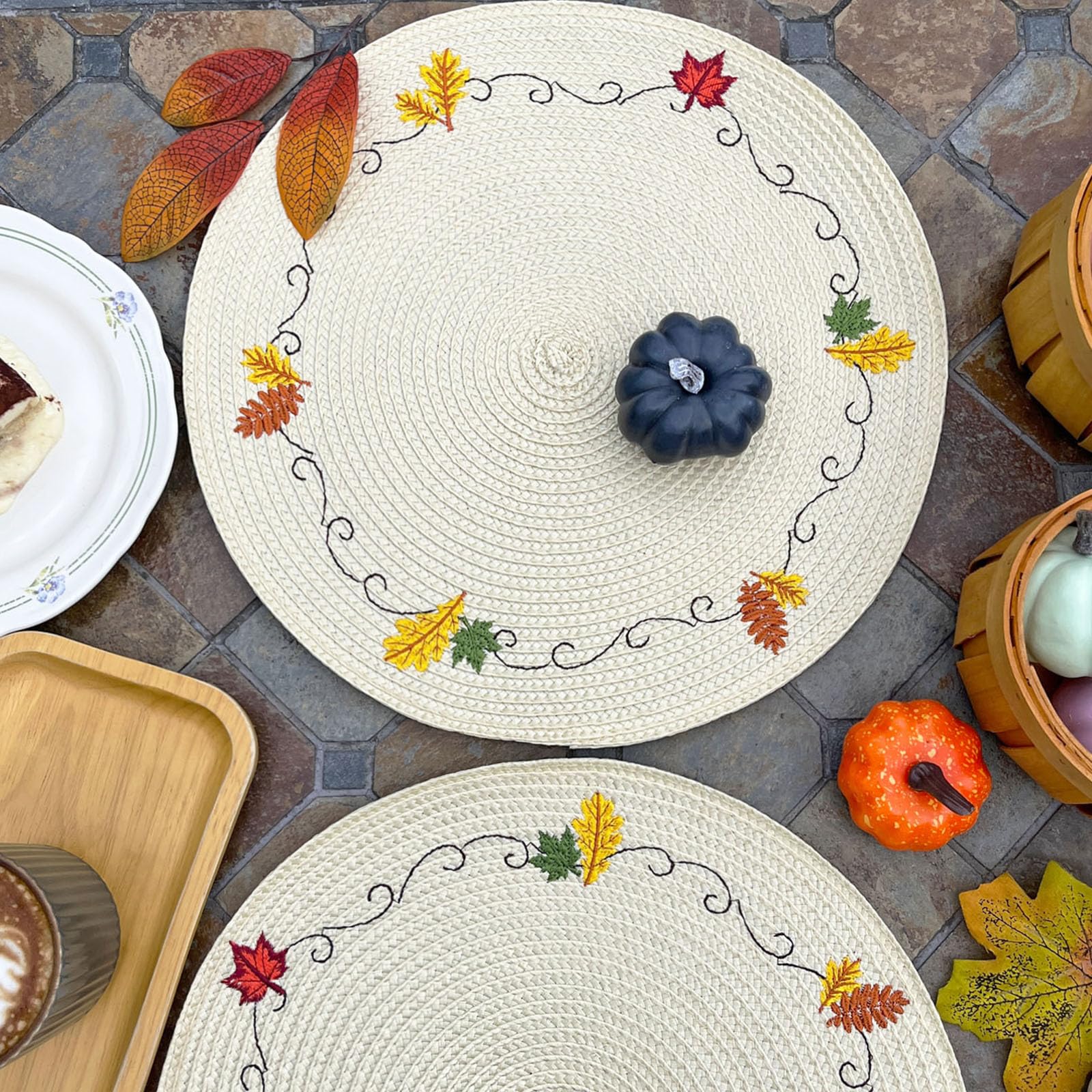 LanaVines Fall Placemats Set of 4 Round Placemats Thanksgiving Autumn Placemats, Embroidery Fall