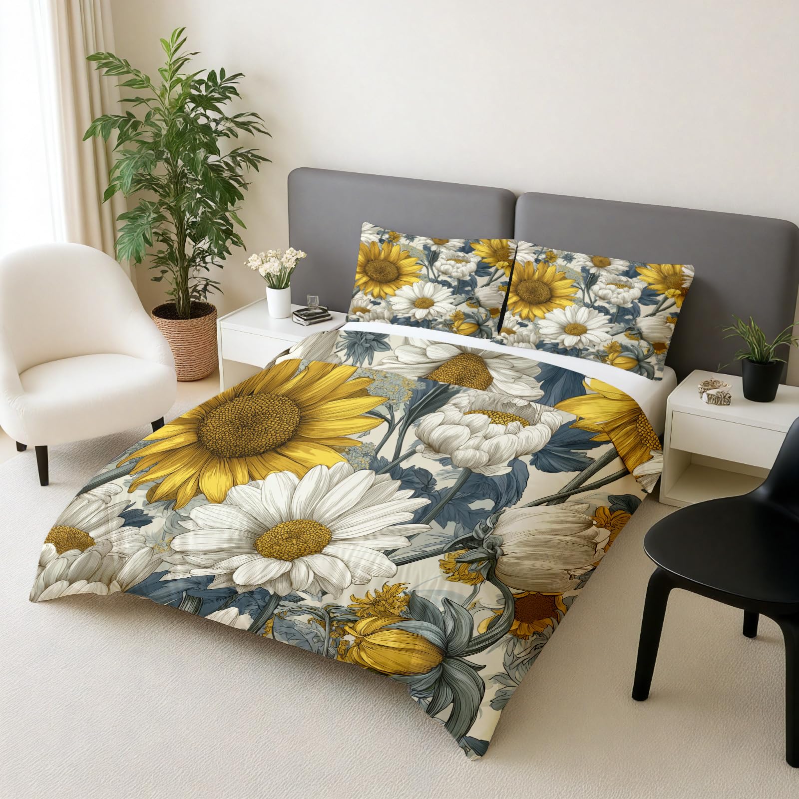 Marguerite parure de lit avec fermeture éclair pratique ensemble de lit floral anti-plis