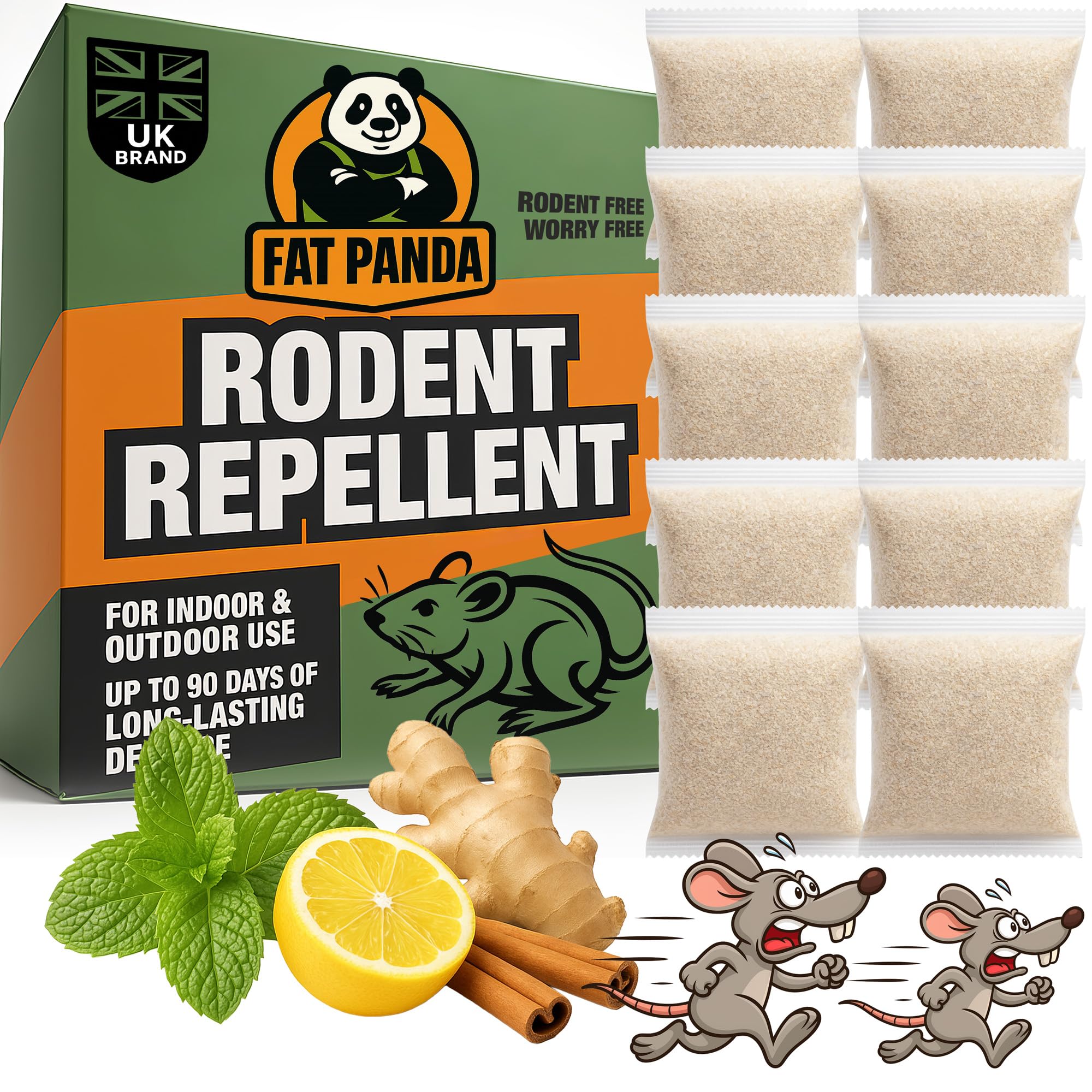 Fat Panda | Peppermint Oil Rodent Repellent | 10 Pack Natural Mouse & Rat Repellent Pouches | Indoor & Outdoor Pest Control for Mice, Spiders, Ants, Roaches & Bugs | Long Lasting, Safe & Non-Toxic