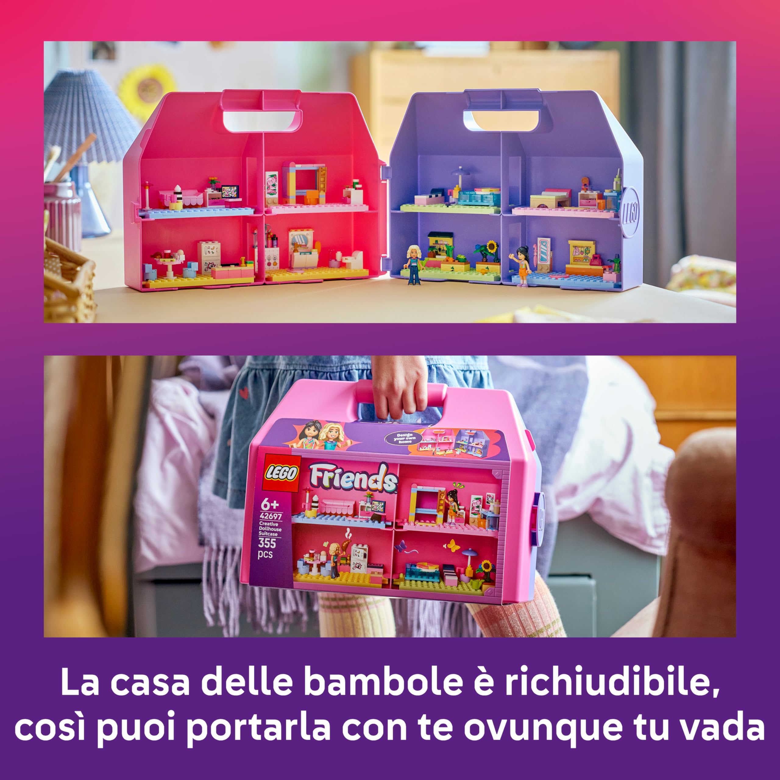 LEGO Friends Valigetta Creativa Casa delle Bambole - Giochi da Viaggio con Casa Giocattolo a 8 Stanze, 2 Mini Bamboline e Accessori - Idea Regalo di Compleanno per Bambine da 6 Anni in su - 42697