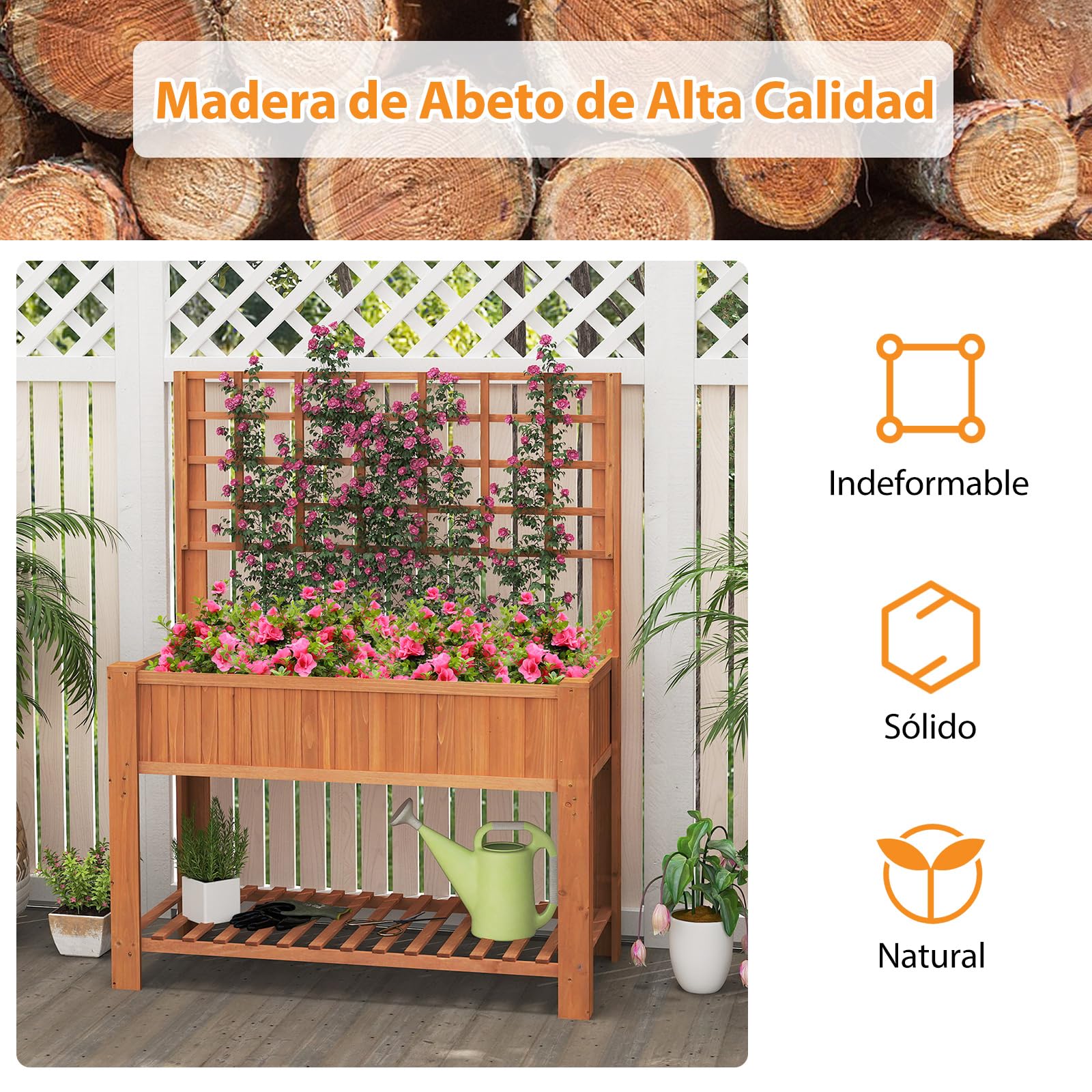 Cama de Jardín Elevada con Espaldera, Jardinera Elevada de Madera con Patas, Revestimiento, Estante de Almacenamiento y Agujeros de Drenaje para Plantas Trepadoras, Vides, Verduras, Hierbas (Marrón)