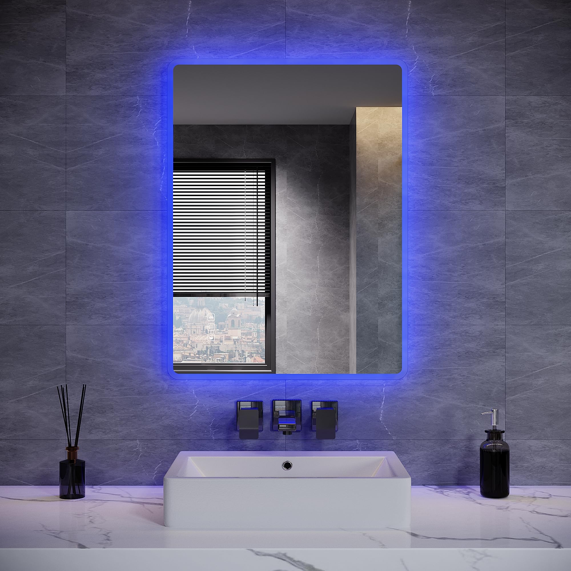 ELEGANT Bluetooth Bathroom Mirror with LED Lights, Blue Atmosphere Bathroom Wall Mirror with Shaver Socket, 3 Colors Dimmable, Defogging, Touch Switch & Memory Function, Horizontal/Vertical, 80x60cm