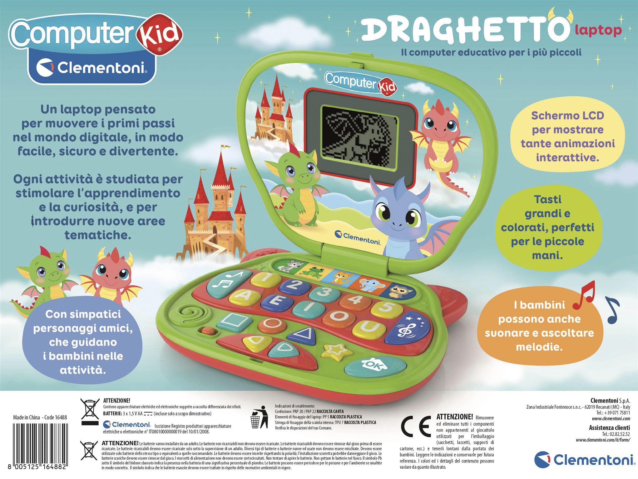 Clementoni - Computer Kid Draghetto Laptop Educativo Bambini 2+ Anni, 10 attività, Gioco Elettronico per Imparare Lettere, Numeri, Forme, Colori e Melodie, Batterie Incluse, Lingua Italiana, 16488