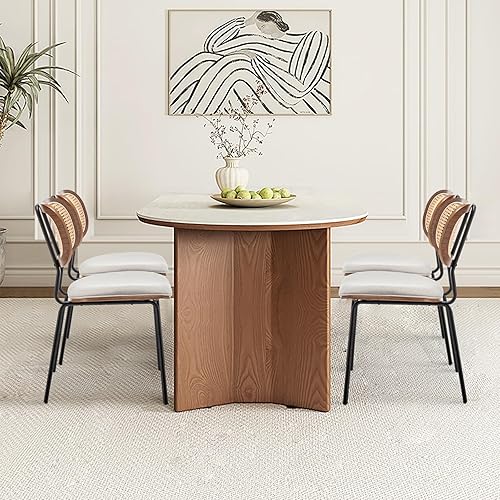 Miniatura 7 de Juego de 2 sillas de comedor de ratán, sillas de comedor modernas de mediados de siglo, sillas de comedor de caña, tela de 19 pulgadas, color beige