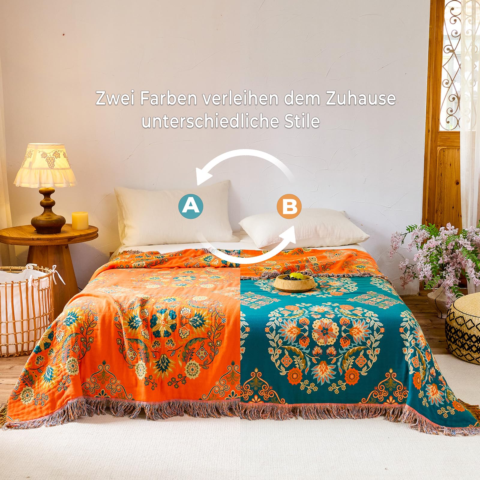 HOORDRY Colcha de algodón, manta para sofá con estampado, 150 x 200 cm, de doble cara, estilo bohemio, reversible, para ver la televisión o en la silla, cama individual