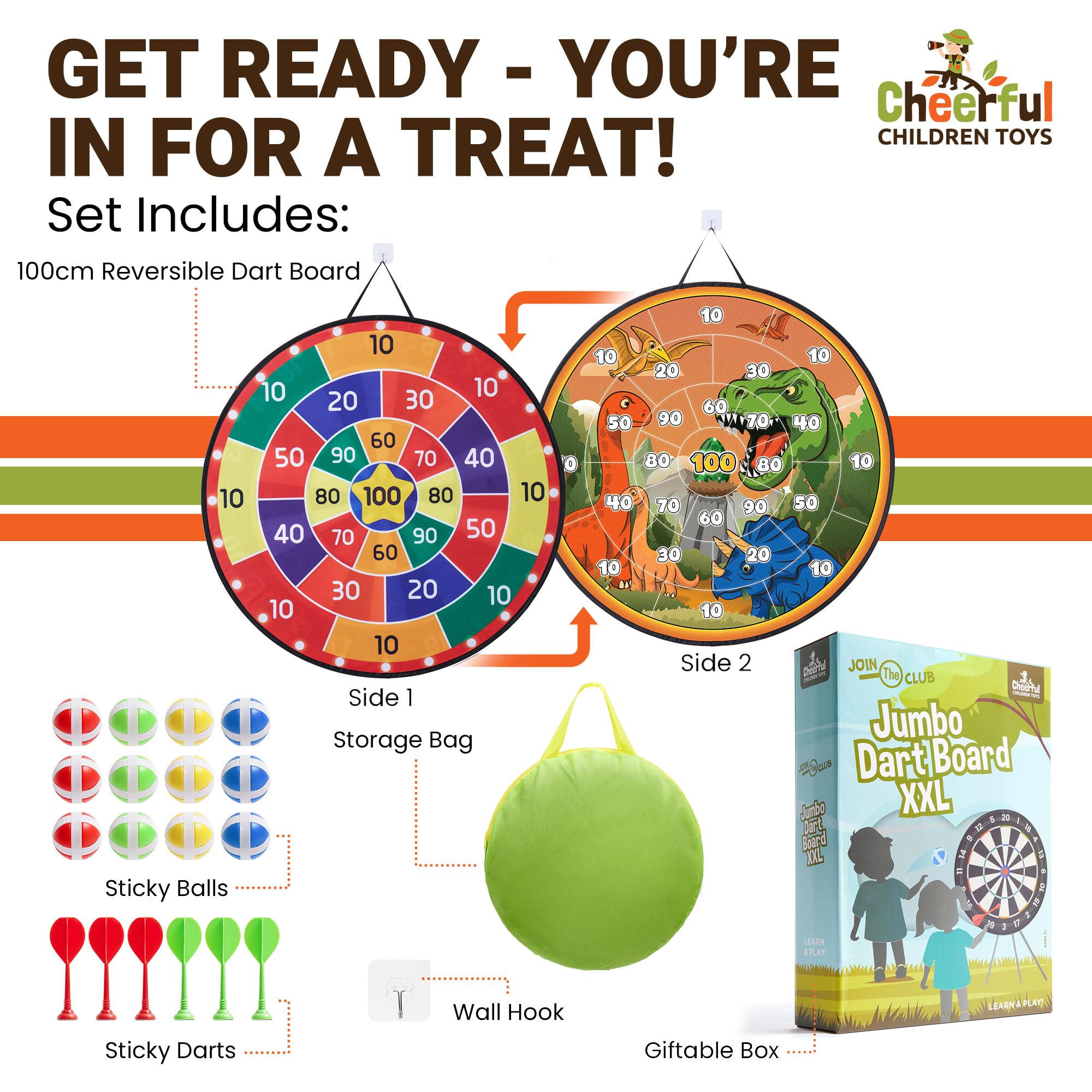 Cheerful Children Toys Jumbo Kids Dart Board Set XL or XXL, Large Dart Board with Reversible Designs - Image 3