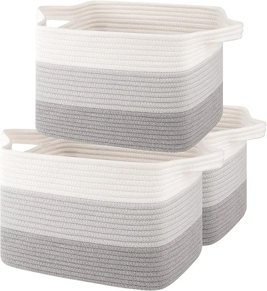 OIASKET Storage Baskets for Organizing, Woven Baskets for Shelves, Rectangle Decorative Organizer for Storage Clothes, Toy, Books, Towels Nursery Bins 3 Pack (Gradient Grey)