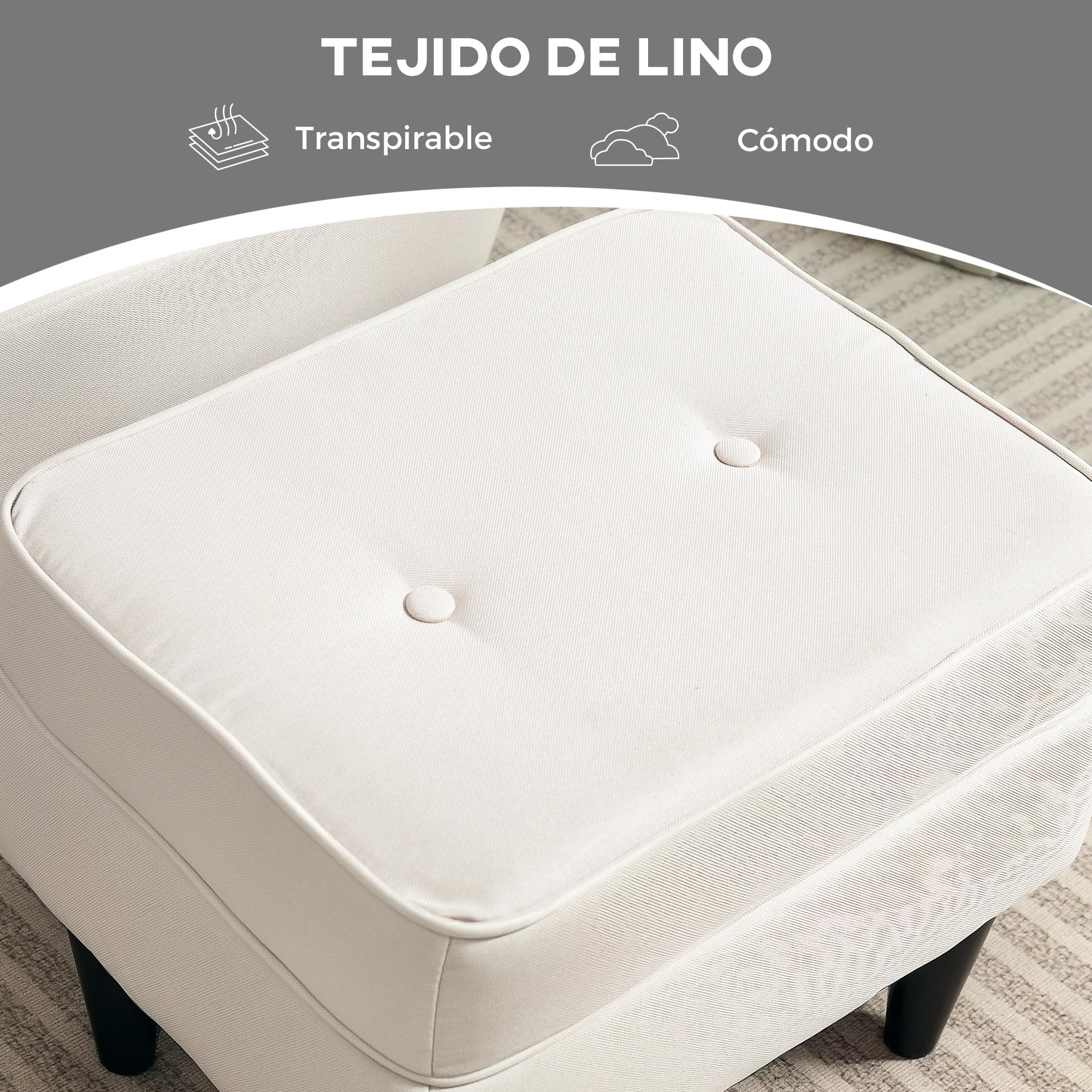 HOMCOM Sillón con Reposapiés Sillón Lectura con Respaldo Alto Beige | Capitoné, Patas de Madera, Almohada Acolchada, Tapizado en Lino, Butaca para Salón Dormitorio Oficina