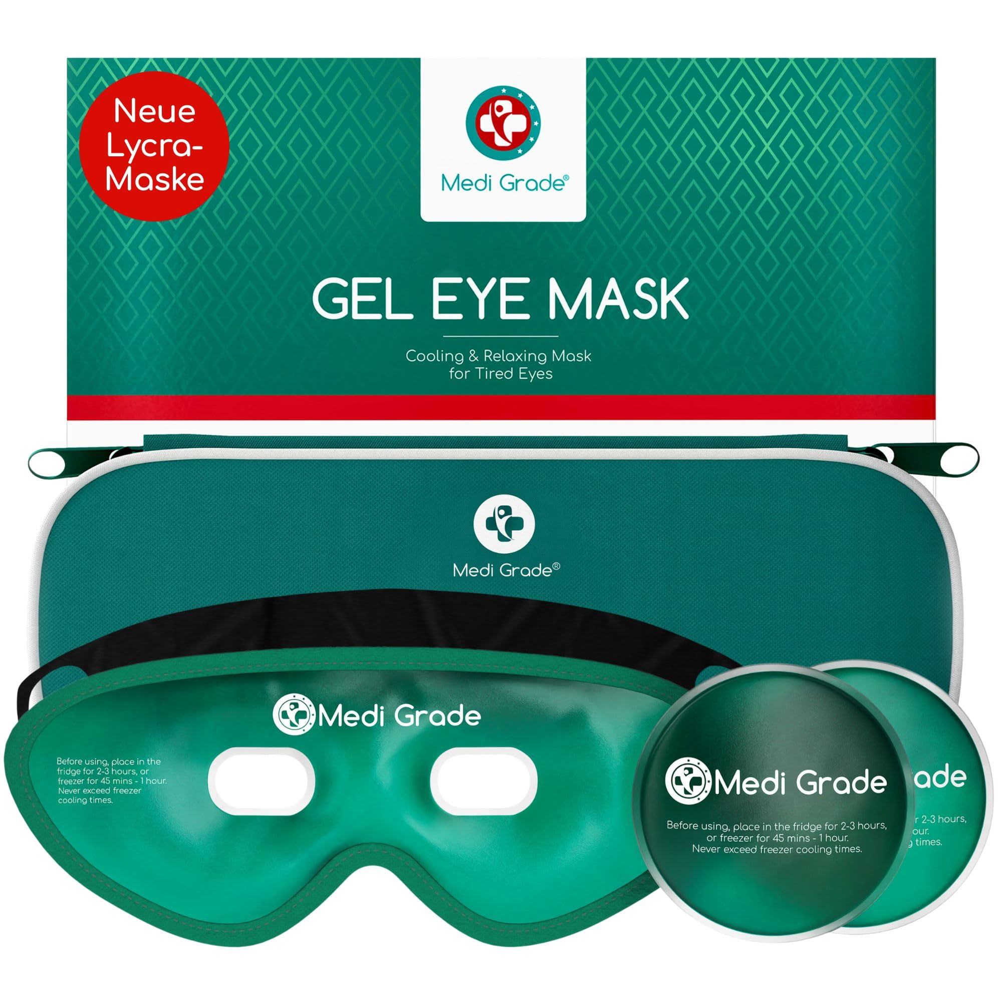 Medi Grade Kühlmaske Gesicht - Gel Augenmaske Kühlend Wiederverwendbar mit 2x Augen Kühlpads, 1 Lycra-Gewebe, Kühlende Aufbewahrungstasche - Entspannung zu Hause Augenkühlmaske mit Bänder