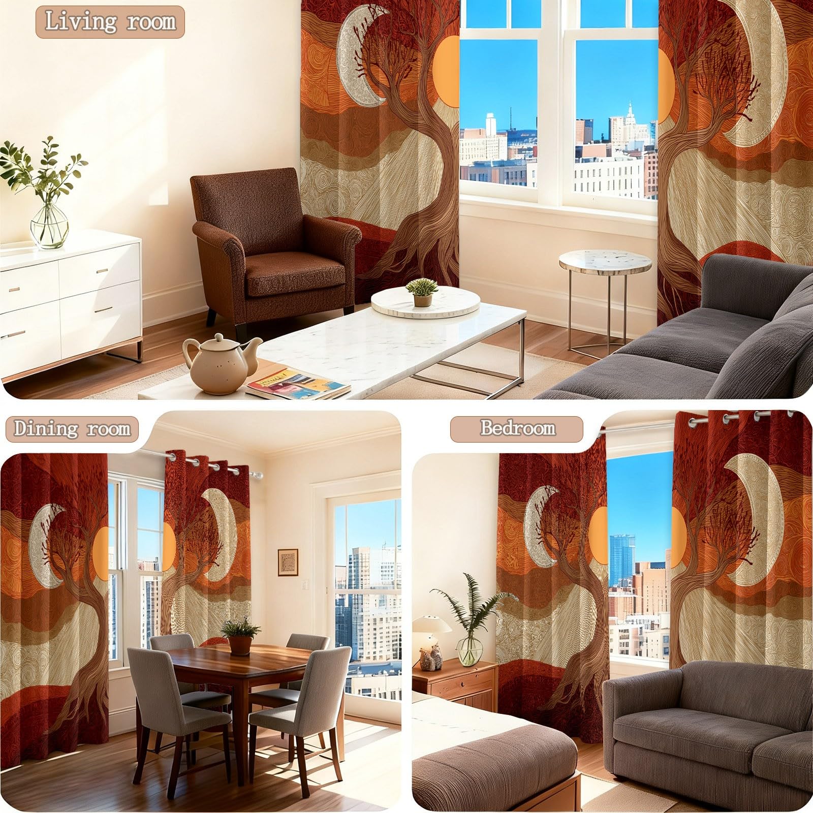 Cortinas opacas naranjas y marrones, cortinas opacas abstractas con estampado de árboles, sol y luna, juego de 2 unidades, 245 x 100 cm (alto x ancho), cortinas para dormitorio, salón