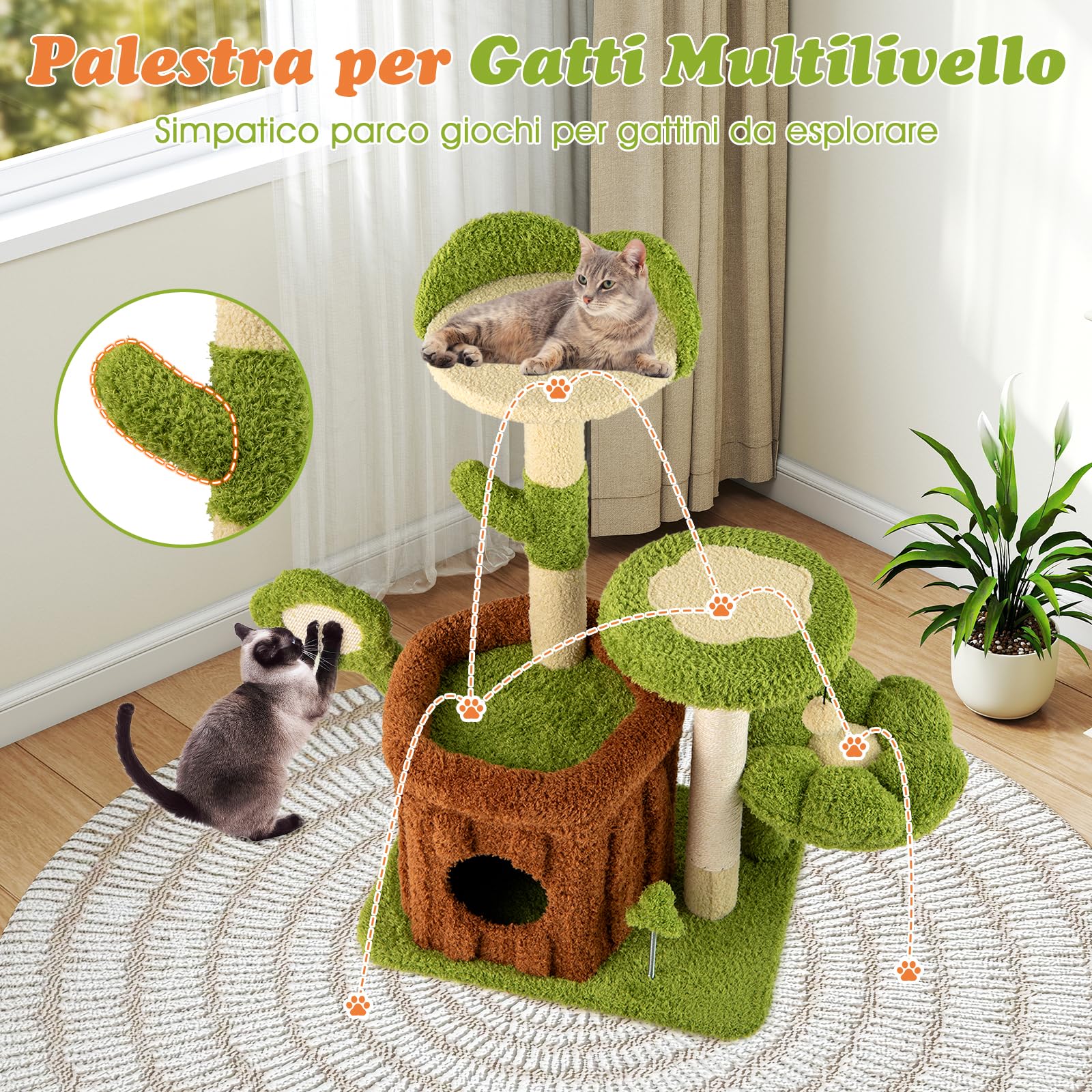 GYMAX Torre Albero per Gatti da Interno, Gioco Multi-Livello per Animali con Piattaforma, Condominio, Tavolette per Graffiare a Petalo, Pali Graffianti in Sisal, Palline Pendenti