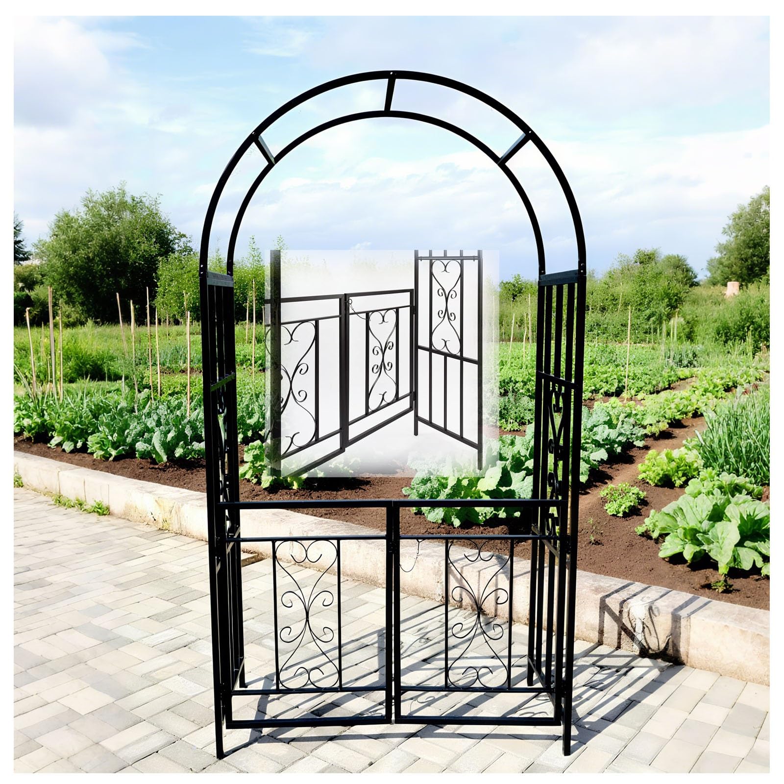 Arche de jardin avec porte battante support de treillis en métal pour roses et glycines