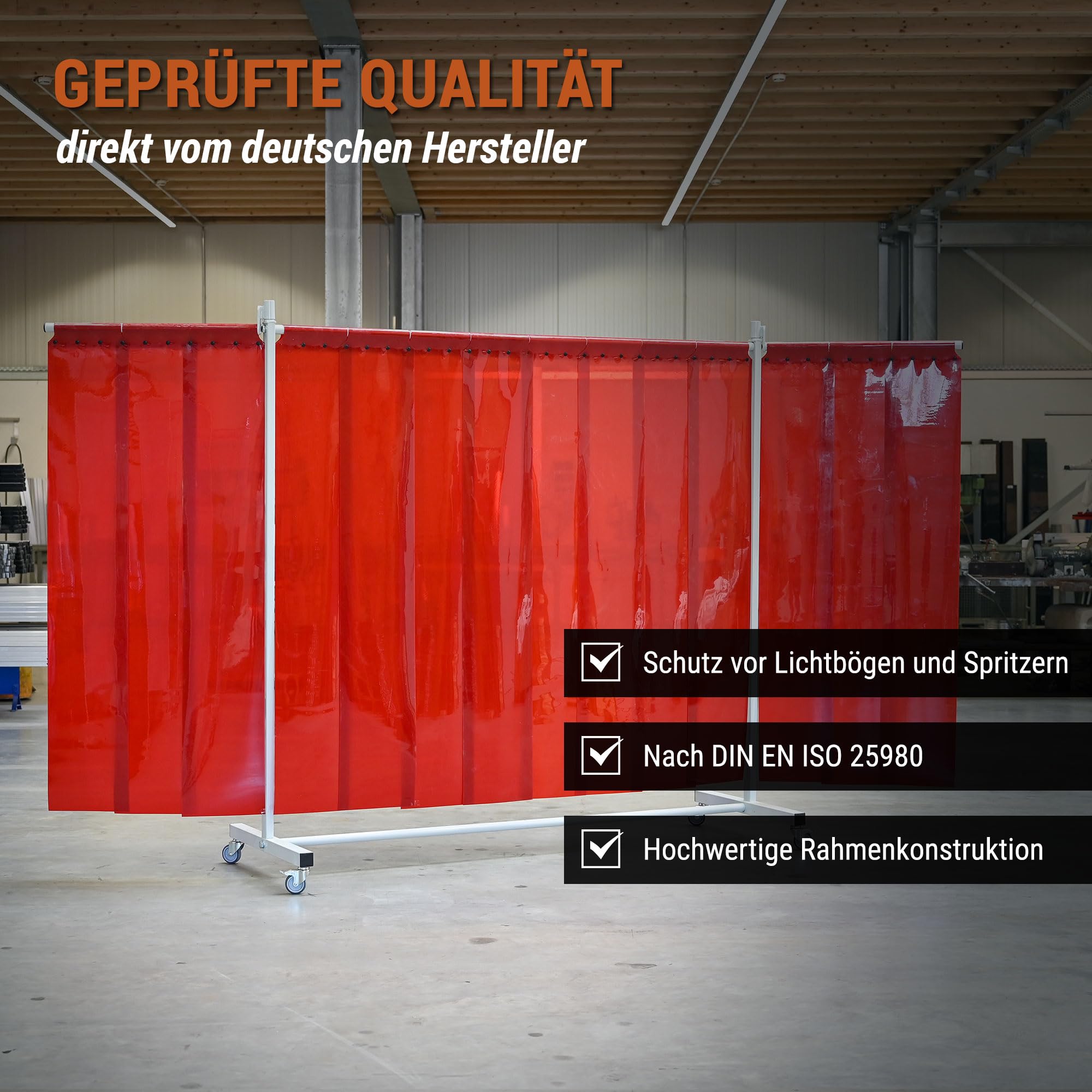 mobile & fahrbare Schweißschutz Stellwand, 3-teilig, B370 x H210cm, extra robust, mit Lamellen rot, Schutzwand nach EN ISO 25980