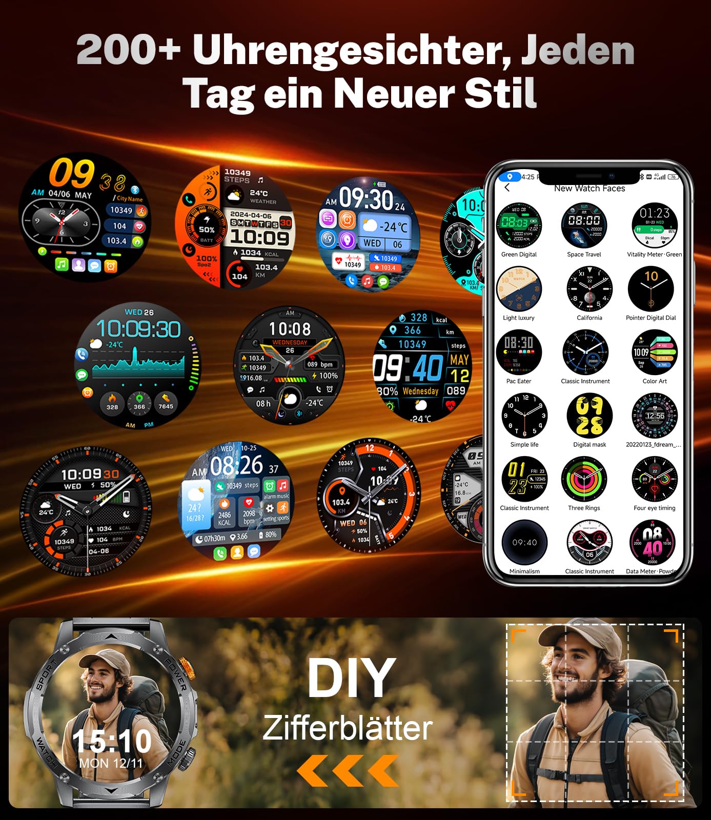 FITFLEX Smartwatch Herren, 1000mAh Akku/1.75'' HD Großes Display, Militar Smart Watch mit Bluetooth Anrufe/130+ Sportmodi/IP68 Wasserdicht Fitnessuhr mit Herzfrequenz, für Android iOS, Mattschwarz