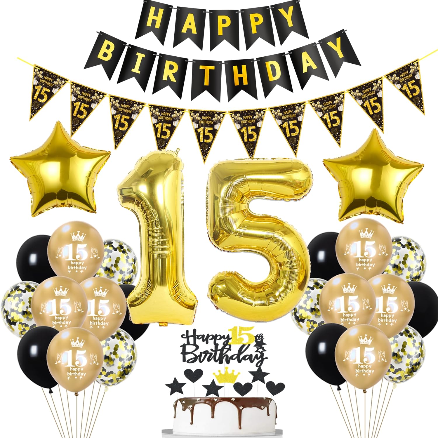 Decorazioni Compleanno 15 Anni Ragazzo/Ragazza – Palloncini Nero E Oro – Set Con Striscione, Numeri 32'' E Topper Per Torta