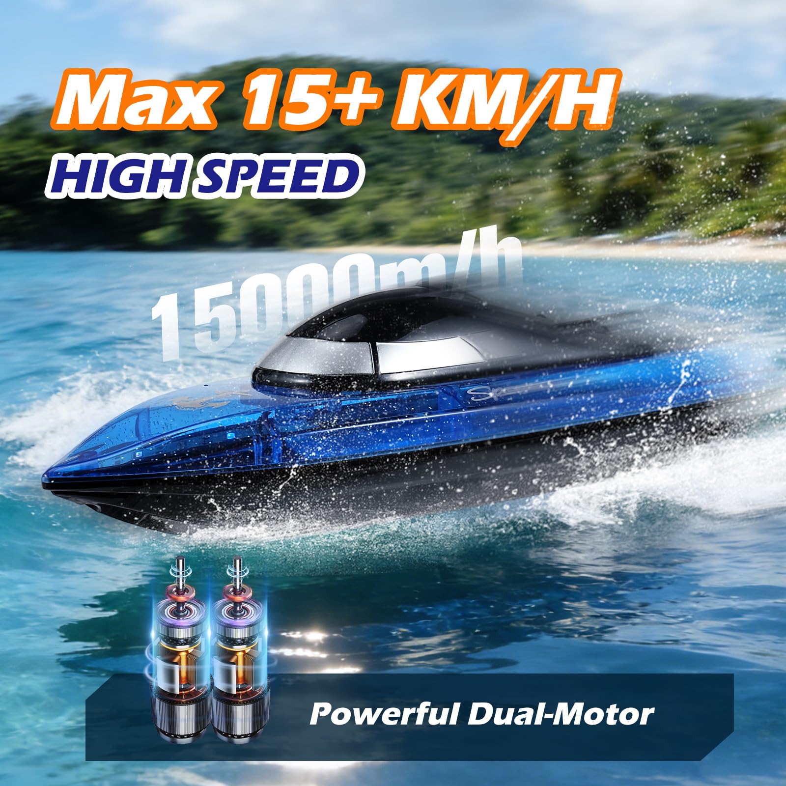 Bateau Télécommandé Autonomie 100min, 2.4GHz Grande Vitesse Bateau RC Anti-basculement avec Lumière LED Piles Rechargeables Lac Piscine étang Rivière RC Boat pour Enfants