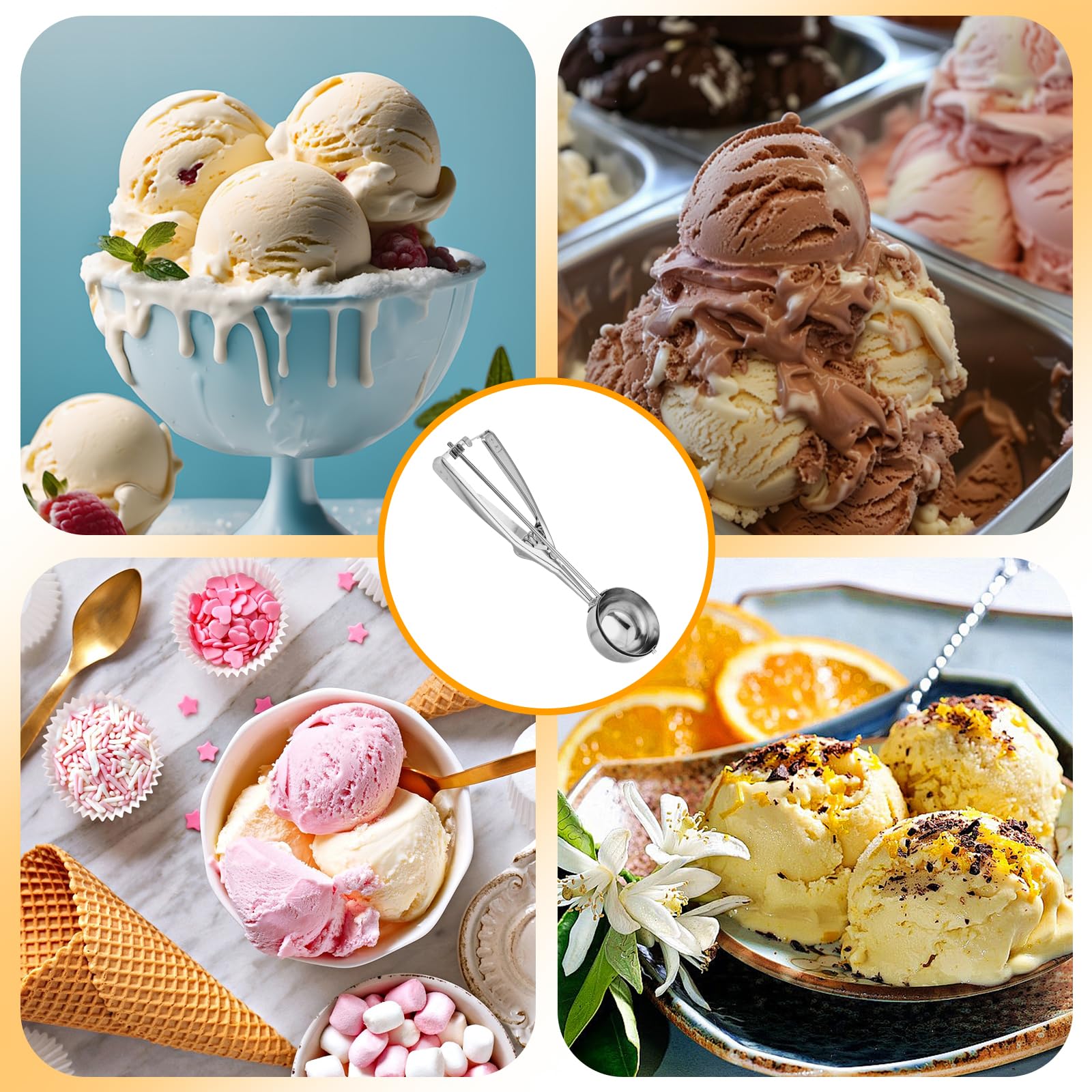 Cucchiaio per Gelato in Acciaio Inox - Set di 3 Porzionatori 4cm/5cm/6cm Ice Cream Scoop