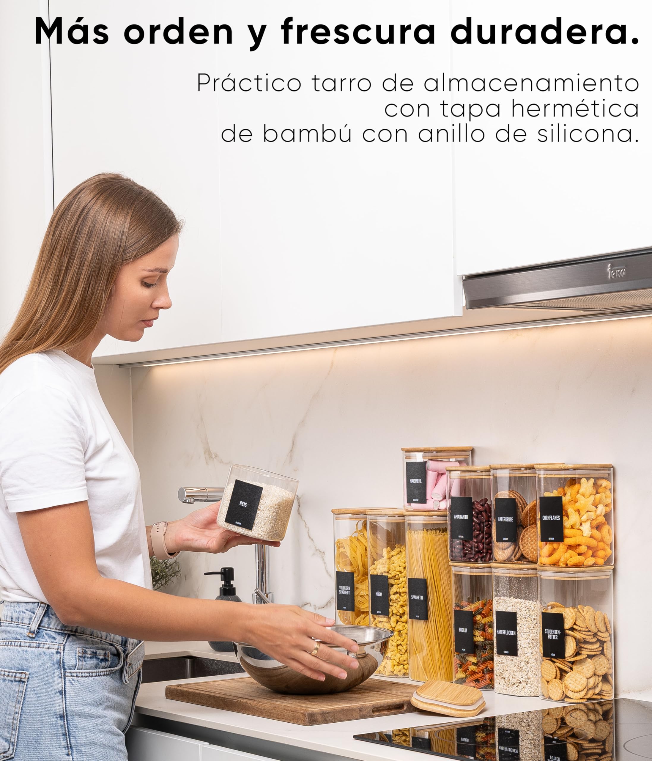 Deco haus® Tarros de Cristal con Tapa hermética, Juego de 8 [+ Etiquetas], Botes Cocina Almacenaje, Tarros Cristal con Tapa de Madera, Frascos de vidrio Apto para Harina, Café, Pasta