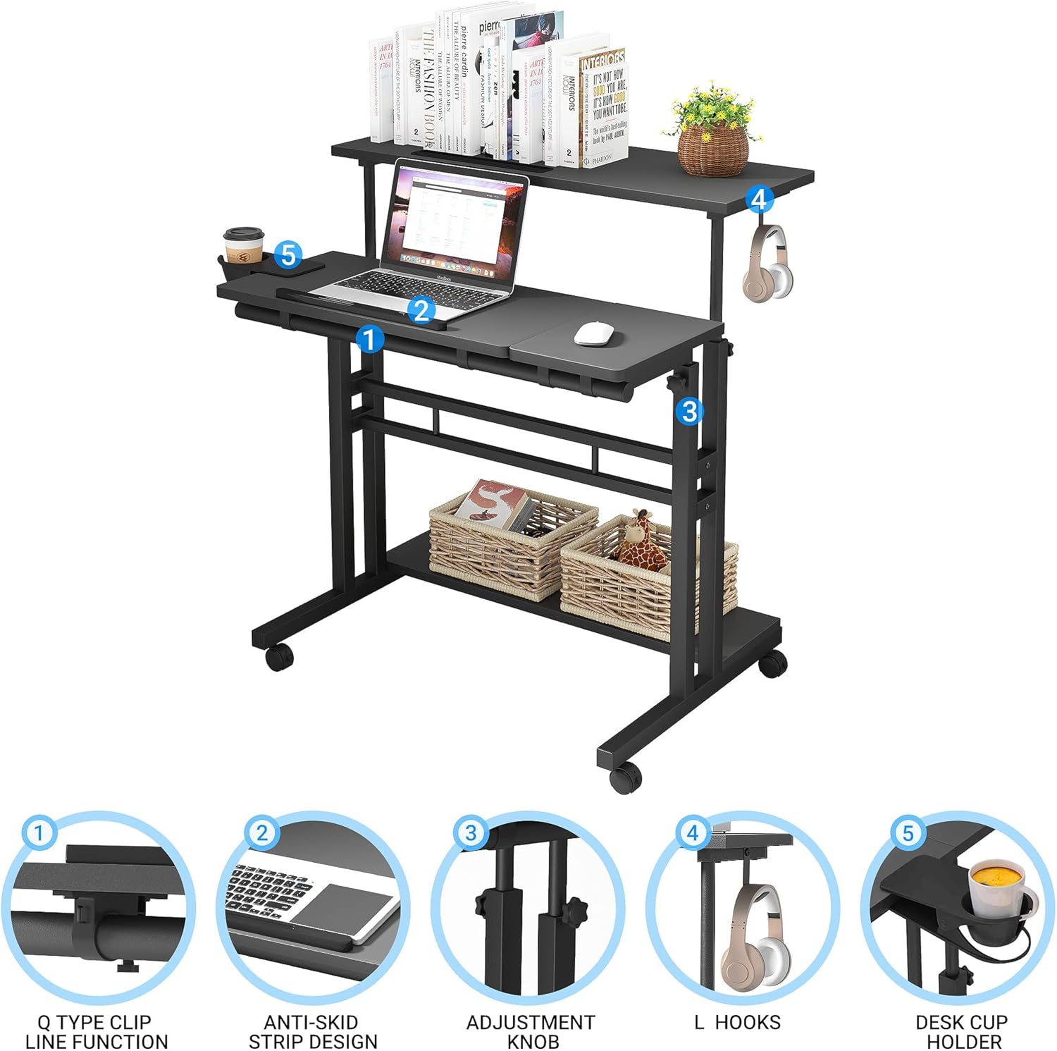 Panta Mobile Standing Desk, Adjustable Rolling Computer Desk with 3 Desktops, Portable Laptop Table with Desk Cup Holder, Home Office Laptop Workstation on Lockable Wheels, Black : Office Products