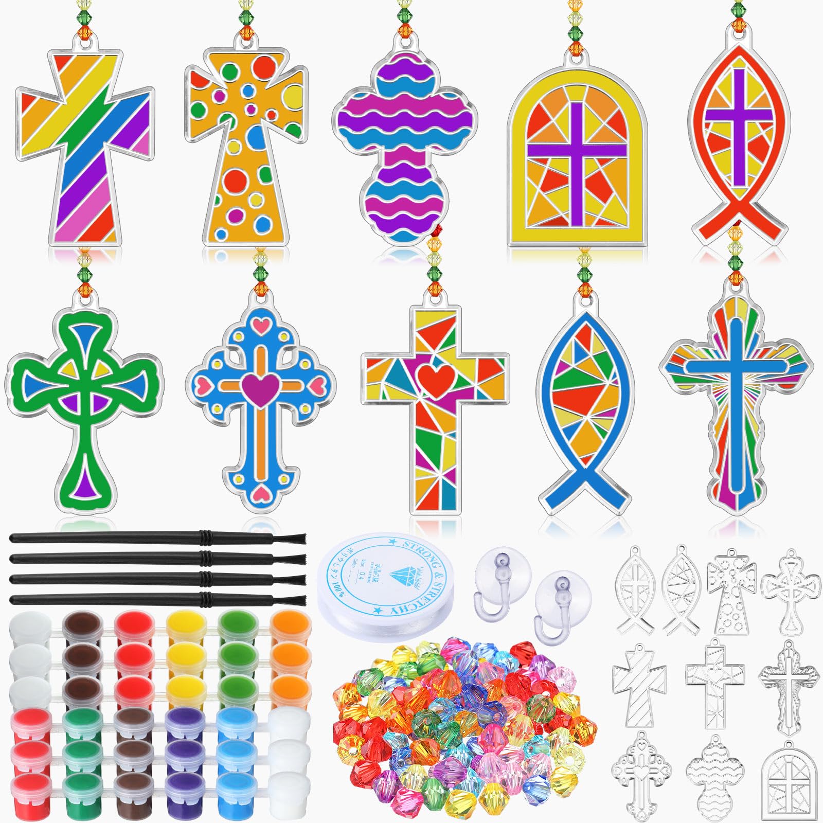 WinnerWhy 30 Sets Cross Suncatcher Craft Kits, DIY Paint Window Ornaments