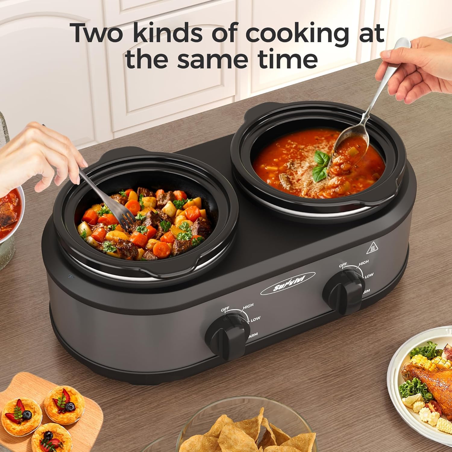 Sunvivi Dual Slow Cooker, Buffet Server & Warmer with 2 Removable Ceramic Pots, 3 Adjustable Temp Settings & 2 Visible Glass Lids, Stainless Steel, 2 * 1.25 Quarts Grey