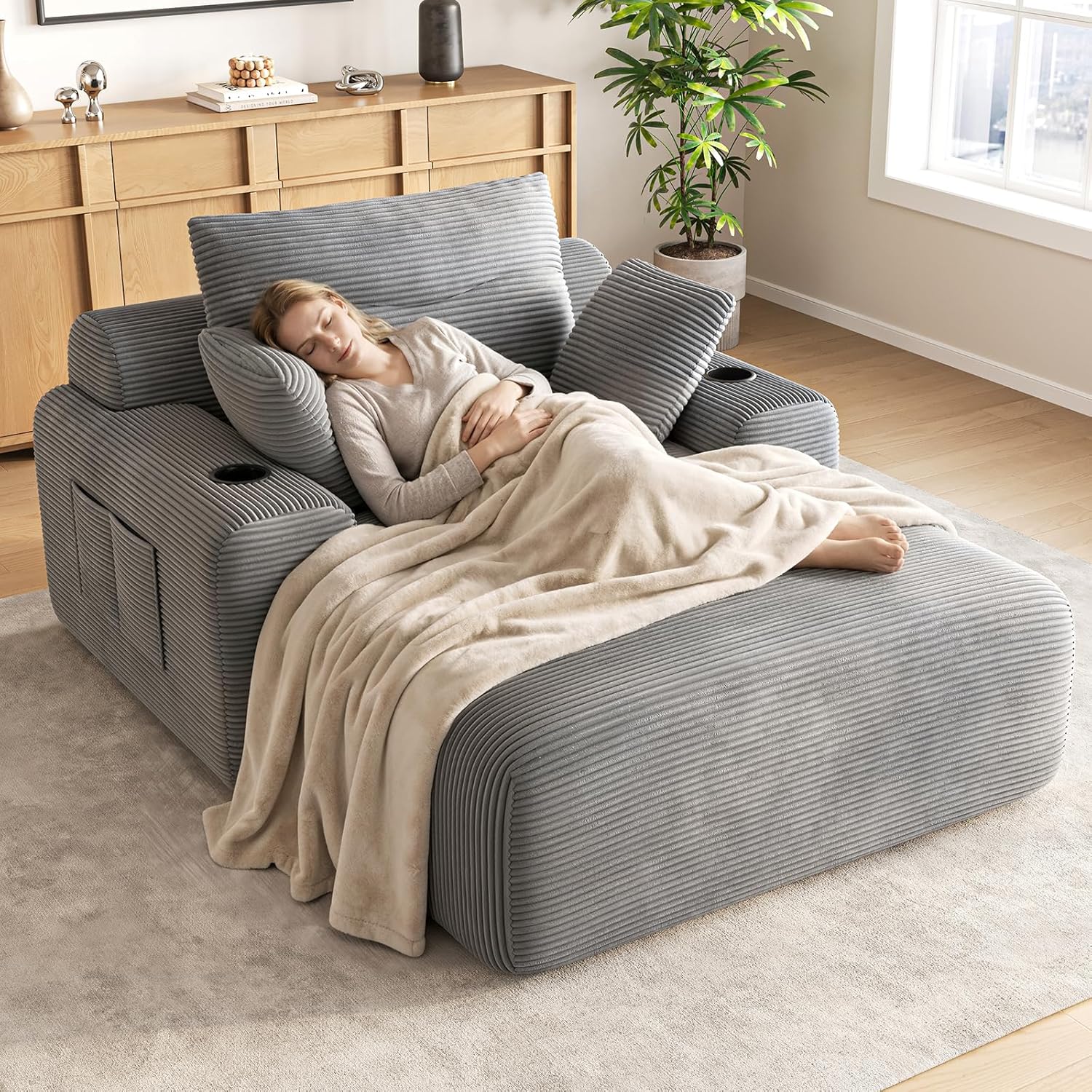 69” Boneless Chaise Lounge Chair Indoor, Oversized Chaise Lounge Reading Chairs with 4 Side Pockets and 2 Cup Holders, Comfy Corduroy Sleeper Sofa Bed for Living Room Bedroom Apartment, Grey