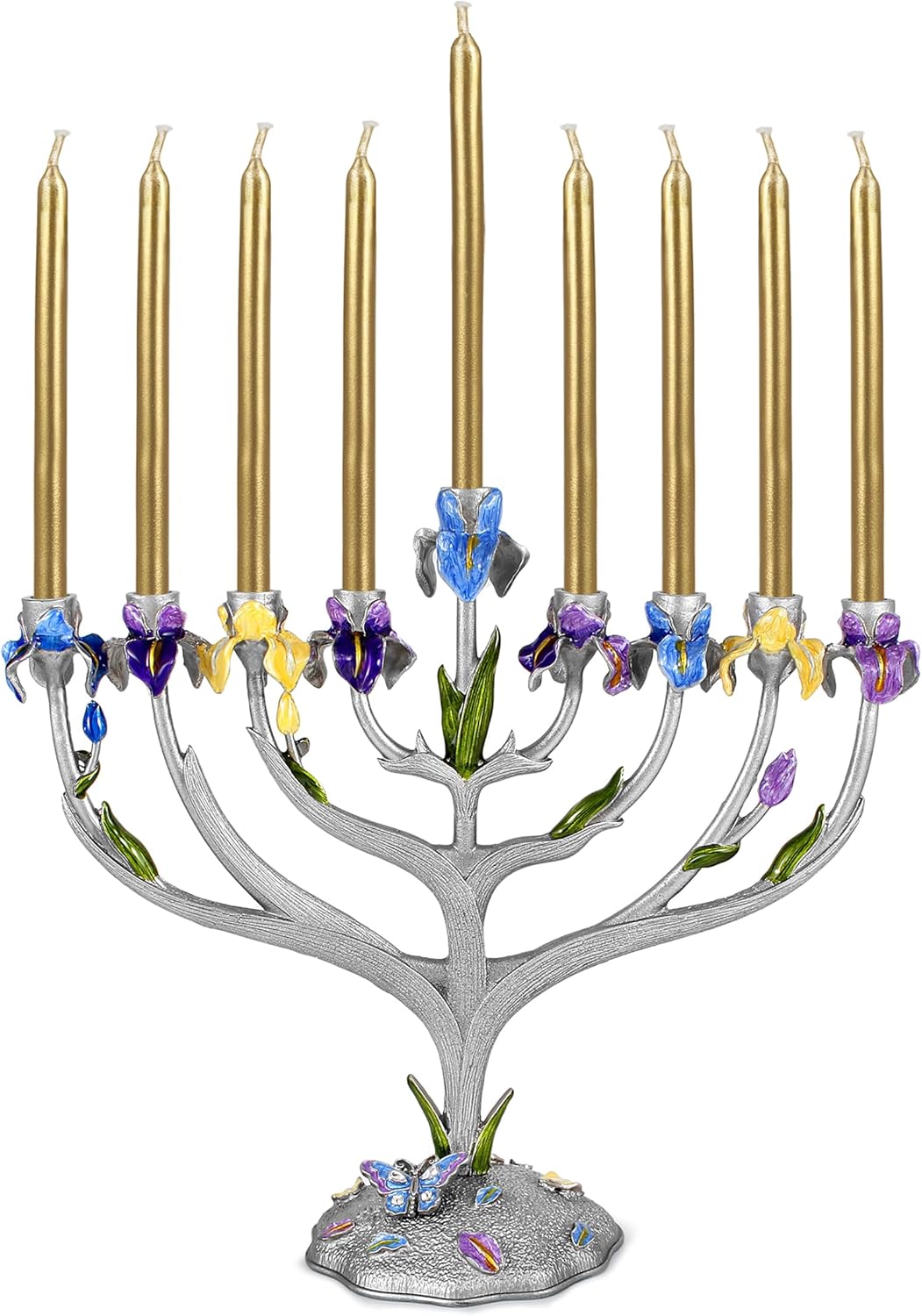 Zion Judaica Artistic Iris Flower Menorah with Intricate Details Unique Floral Hanukkiah Fits Standard Chanukah Candles 7.5" Alloy Zinc Minorah Hand Painted Botanical Hanukkah Candleholder Gift Boxed
