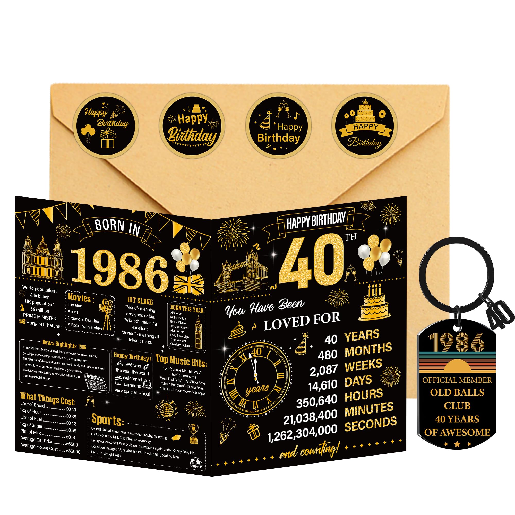 40th Birthday Cards Keyring Gifts - Funny Black Gold Keychain 40th Birthday Greeting Card Envelope Velvet Pouch Stickers Gift for Happy 40 Years Old Men Husband Anniversary Personalised Gift