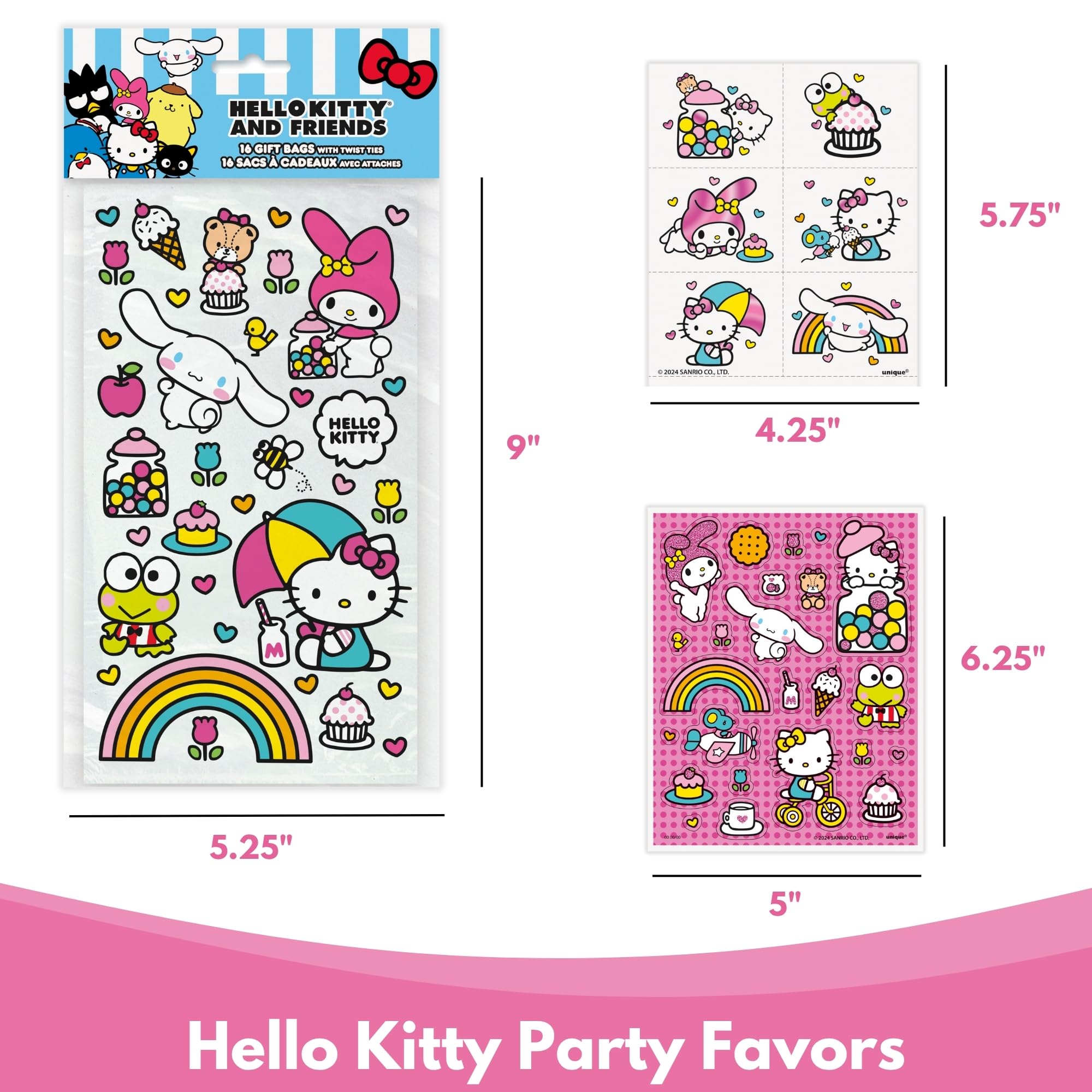 Unique Hello Kitty Party Favors - 16 Goodie Bags with 16 Sticker Sheets, 24 Tattoos, Checklist - Hello Kitty Birthday Decorations - Officially Licensed