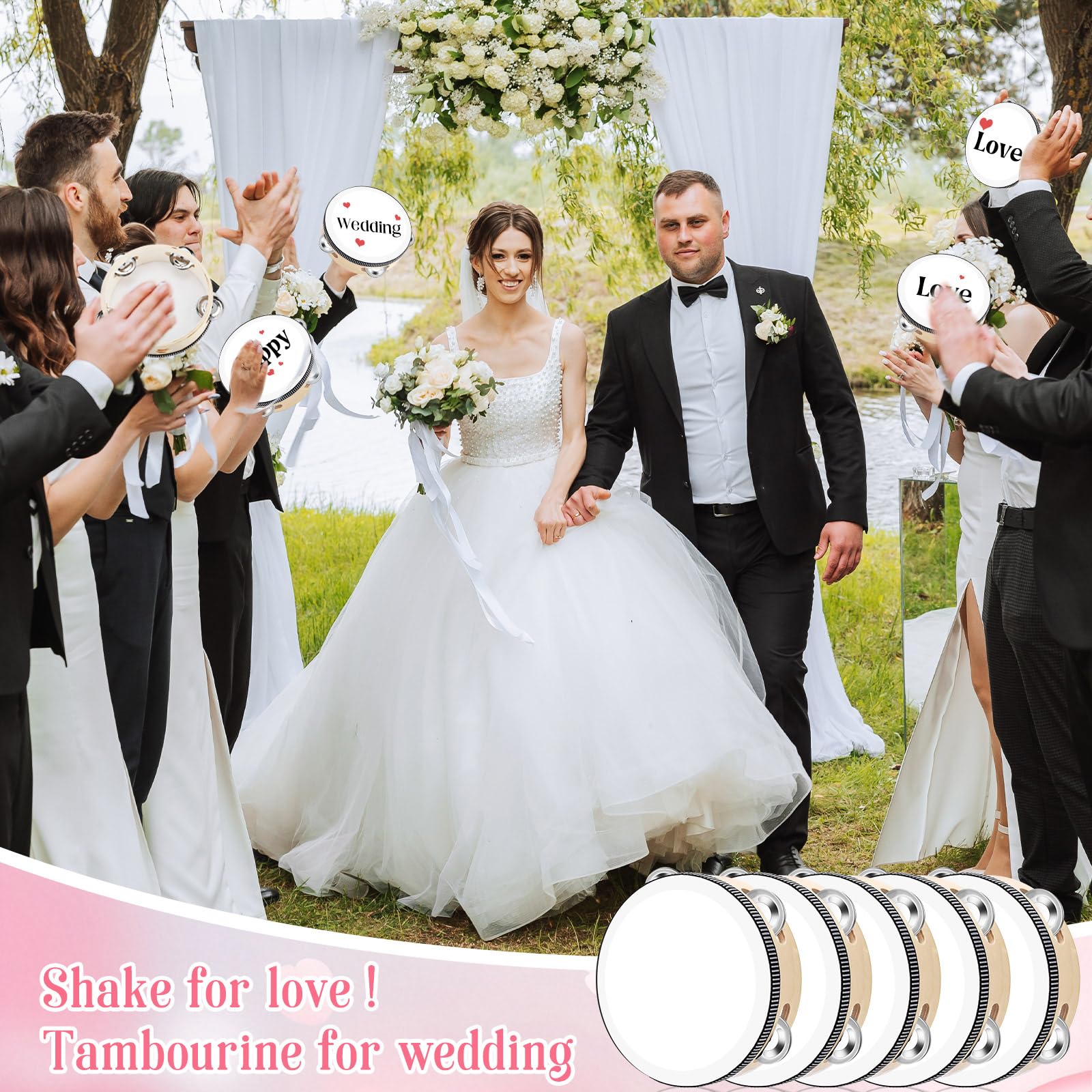 Set di 24 tamburelli da 15,2 cm, per adulti, in legno, con sonagli in metallo, etichette regalo, nastro beige, strumento musicale a percussione per chiesa, matrimoni, bomboniere