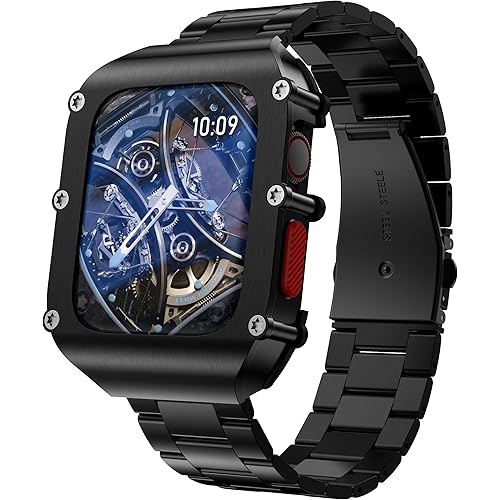 GELISHI Compatible with Apple Watch Band 44mm Series 6/5/4/SE with Case,Metal Rugged Case Full Protective Cover with Stainless Metal Band Replacement Strap for Men - Black
