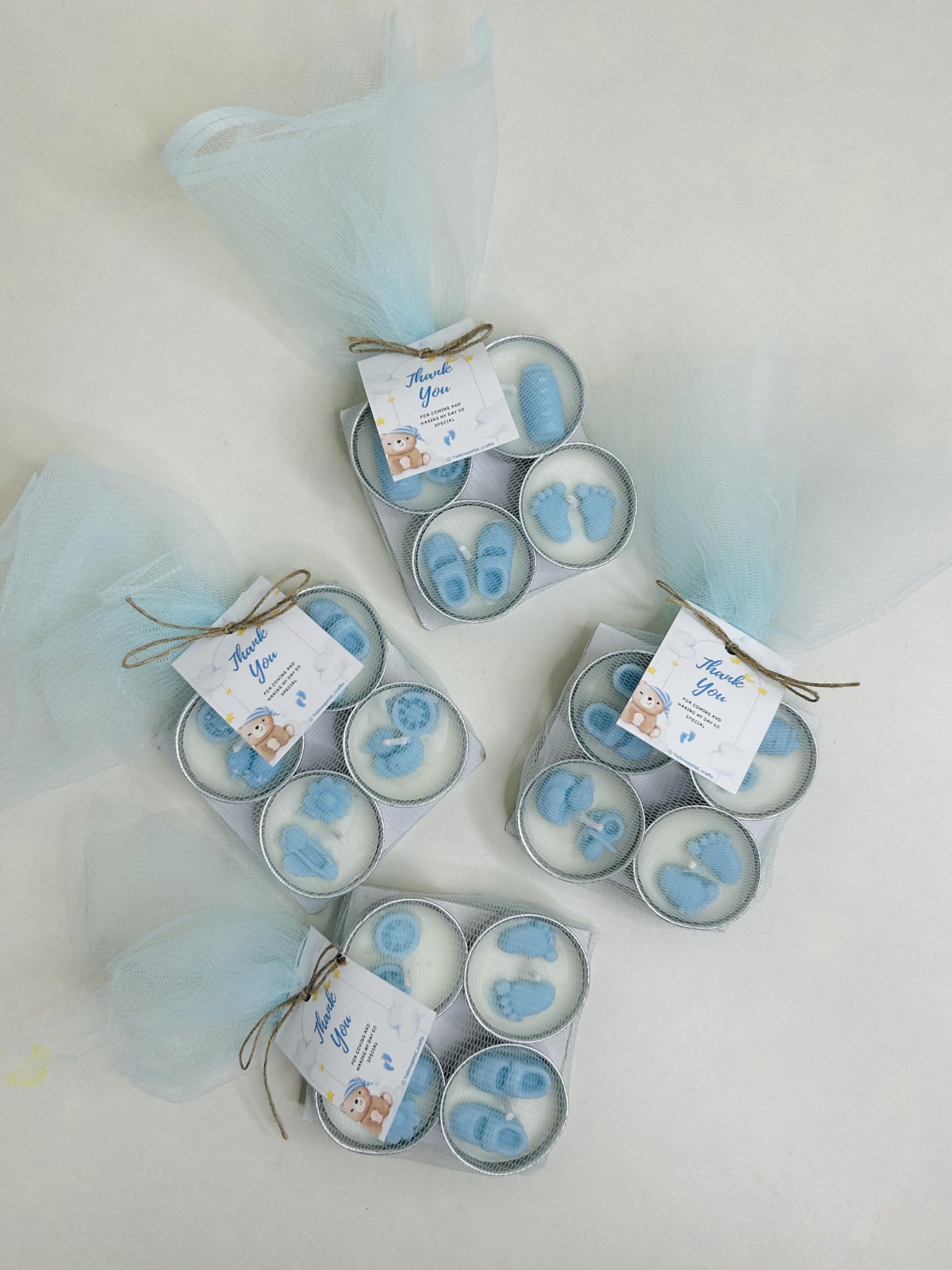 Yellow Petal- Baby Blue Birthday Tealight Candles Gift Set, Vanilla Scented, Packed in Blue net with a Thank You Tag (4 Sets)-image-28