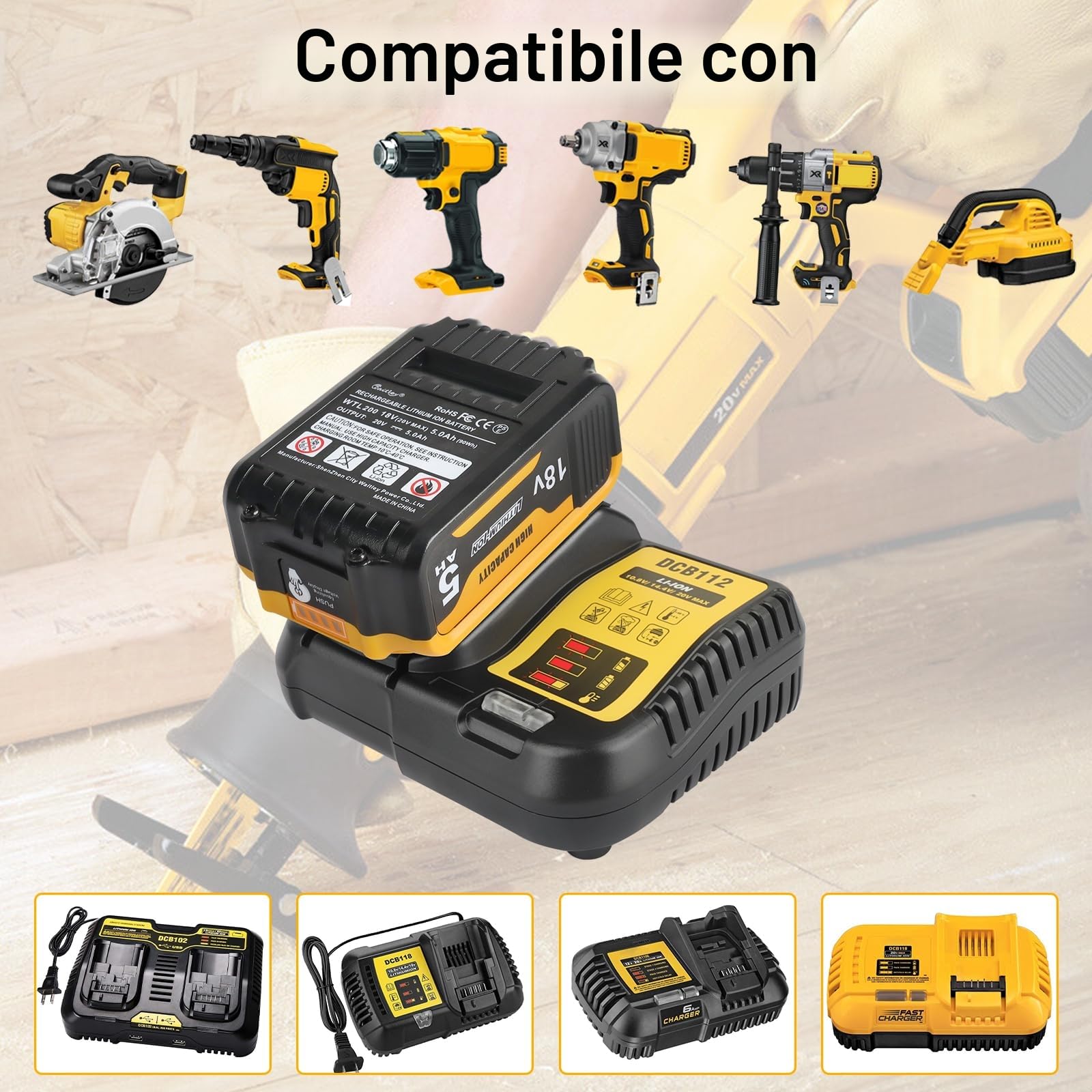 2X Waitley DCB184 5.0Ah Batteria per Dewalt 18V Batteria DCB184 DCB180 DCB181 DCB182 DCB200 DCB201 DCB204 Per Utensili Elettrici Senza Fili Serie 18V agli Ioni di Litio