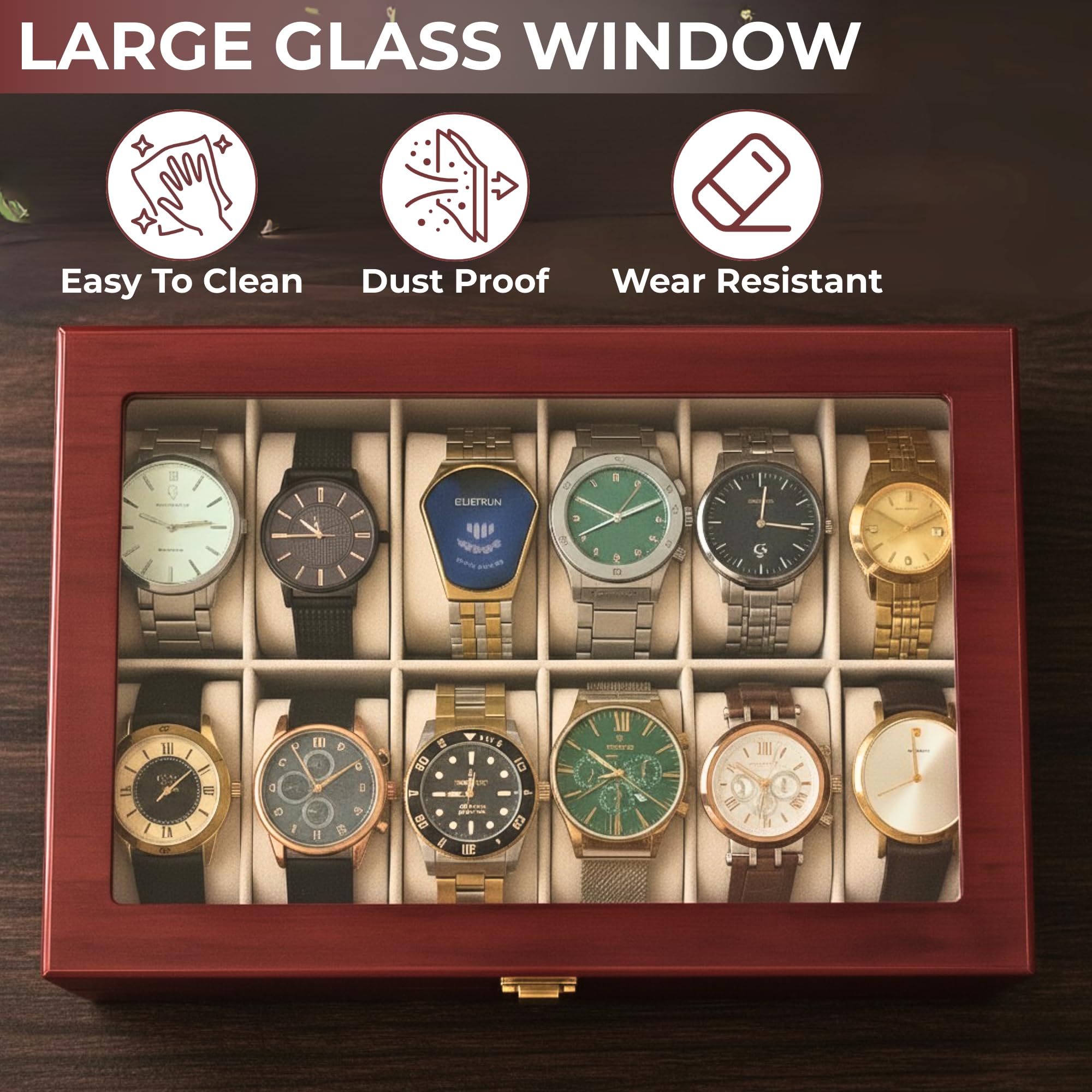 Boîtier de montre en palissandre de qualité supérieure avec finition brillante – Boîte à montres à 12 emplacements avec couvercle en verre – Organiseur de luxe pour montres pour homme et