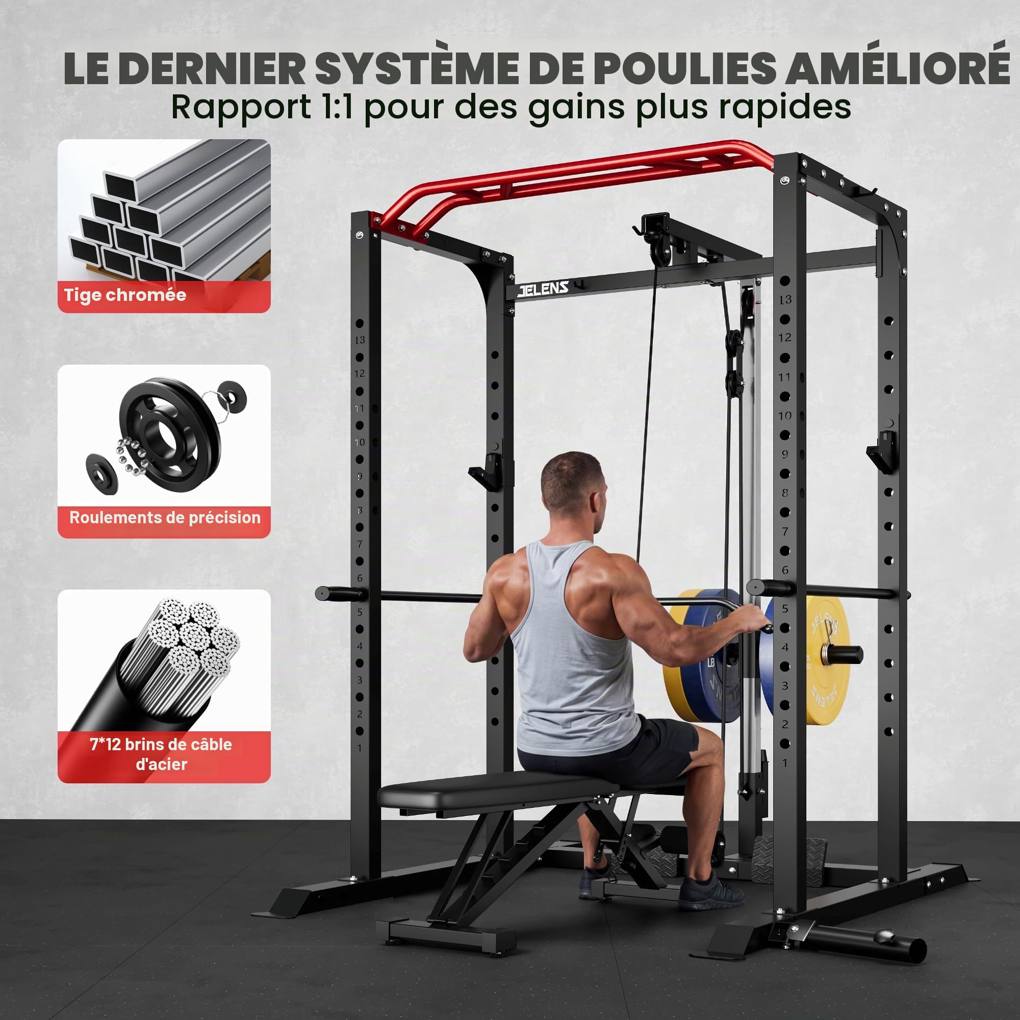 JELENS Power Cage, support multifonction S11 de 907 kg avec traction latte, support de squat avec système de poulie réglable et plus d'accessoires d'entraînement, machine d'entraînement de poids pour