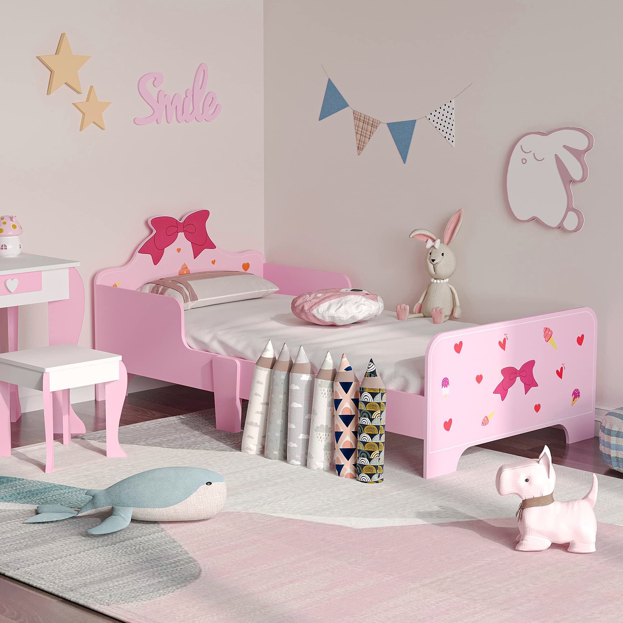 ZONEKIZ Kids Princess-Themed Toddler Bed - Safety Rails - Pink - Single