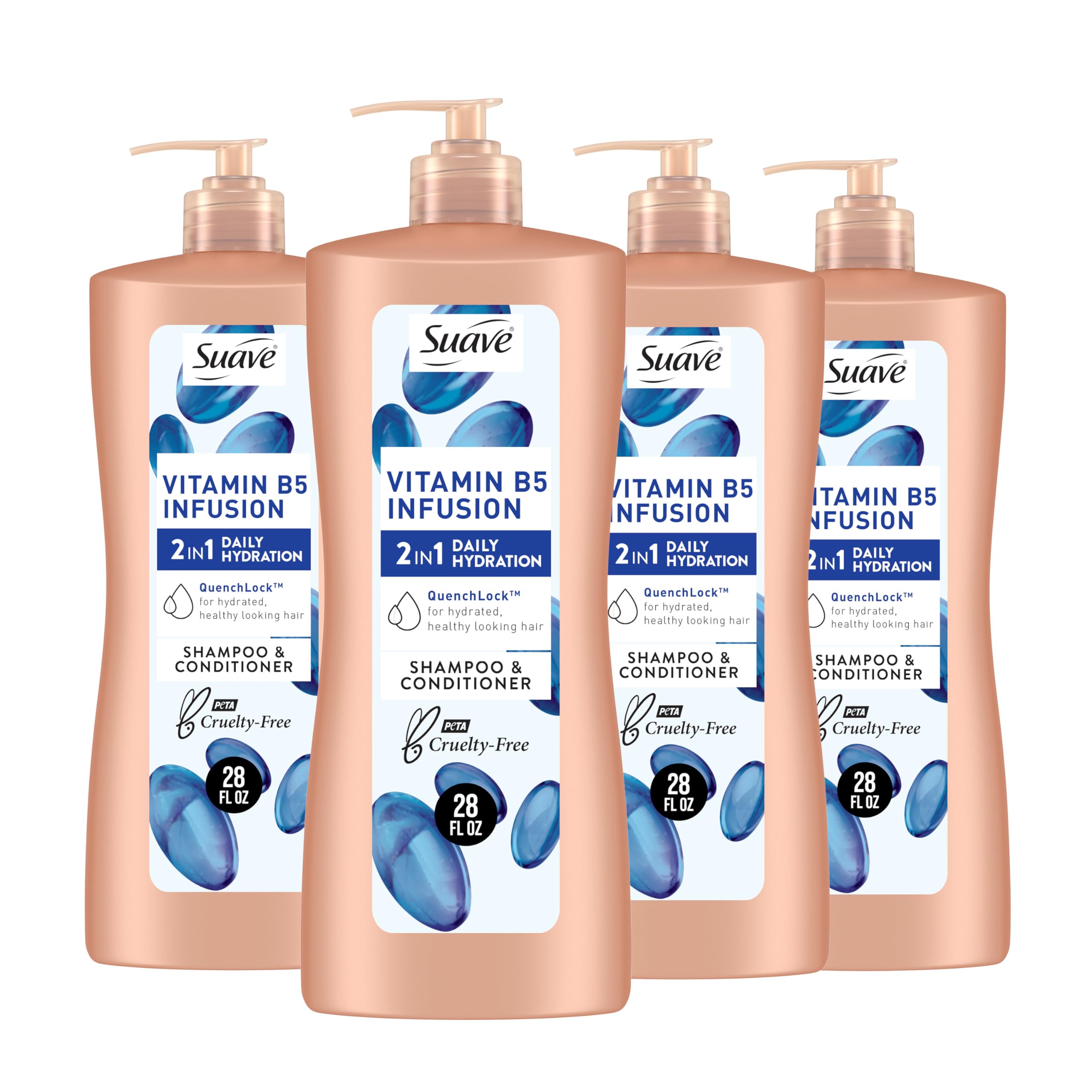 Suave 2-in-1 Moisture Shampoo & Conditioner with Vitamin B5 Infusion and pH Balanced Salon Formula, Anti-Frizz Cleansing for Dry Hair, 28 Oz (Pack of 4)