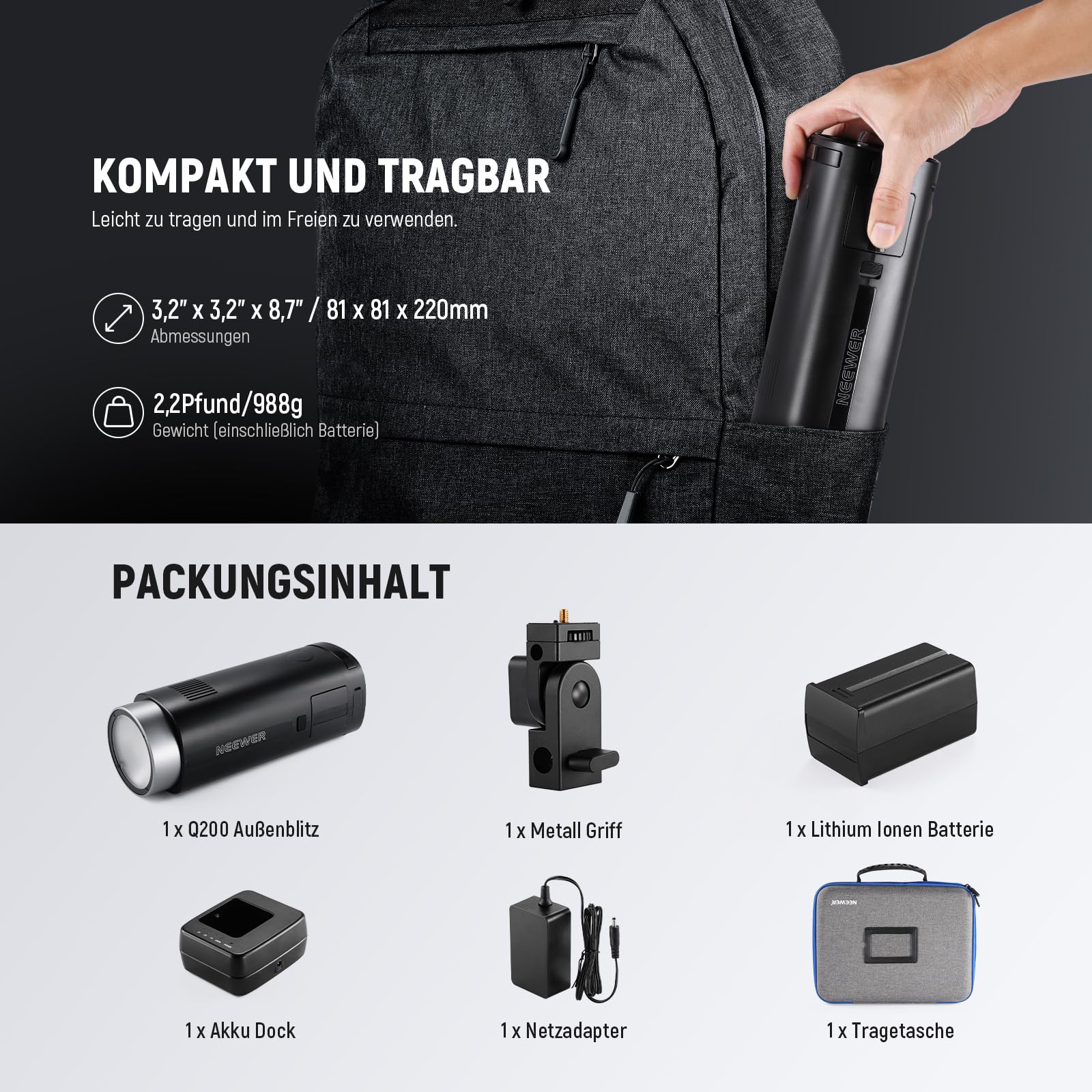 NEEWER Q200 200Ws 2,4G TTL Outdoor Studioblitzgerät mit App Steuerung, kompatibel mit Godox, 1/8000 HSS, 3200mAh Akku, 10W Einstelllicht/750W Blitzleistung/0,01–1,5s Blitzladezeit