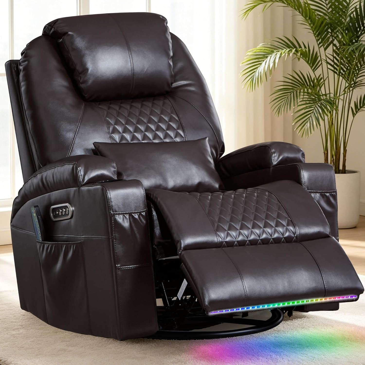 Dual Motor Power Swivel Rocker Recliner Chair for Adults with Heat and Massage,Electric Wall Hugger Glider Rocking Recliner for Nursery Living Room with LED Lights,USB A&C Ports(Brown, Single)