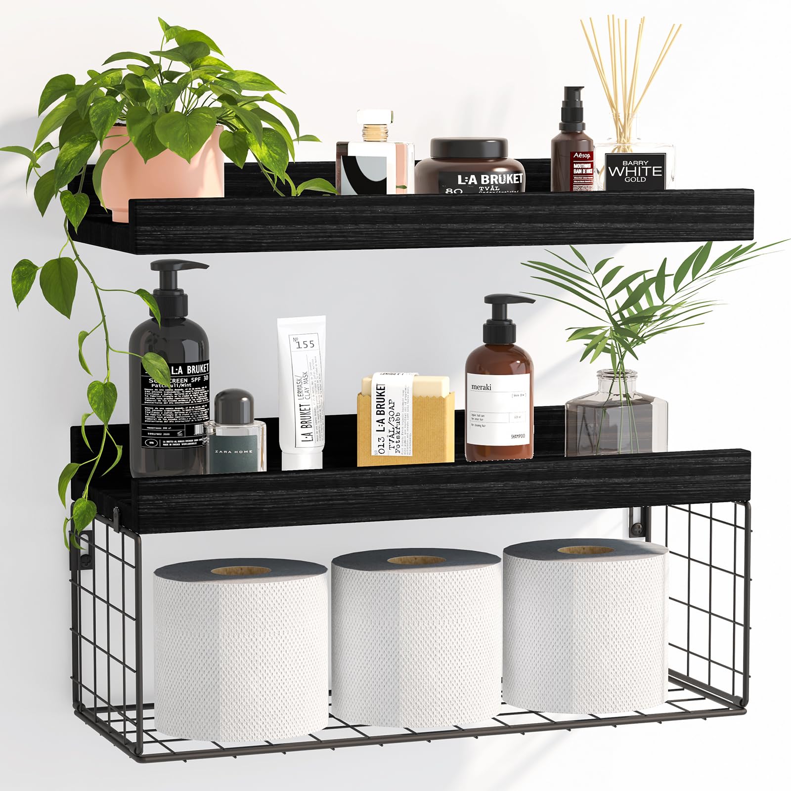 Fixwal 2+1 Tier Floating Bathroom Shelves, Rustic Wall Mounted Shelves Over Toilet with Toilet Paper Storage Basket for Home Decor and Storage (Black)
