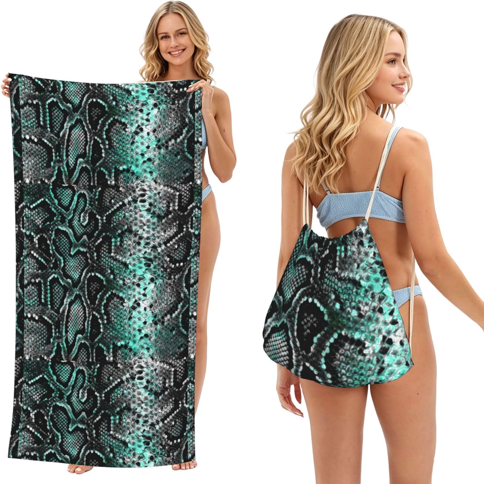 Poadnly As Picture Snake Skin Decoration, 2 In 1 Packable Towel Bag, Beach Towels With Drawstring Backpack For Travel Holiday Camping
