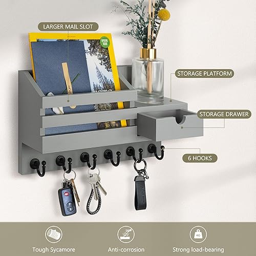 Miniatura 5 de FifthQuarter Organizador de llaves y correo para pared, organizador de correo con montaje en pared con 6 ganchos y cajón de almacenamiento, estante