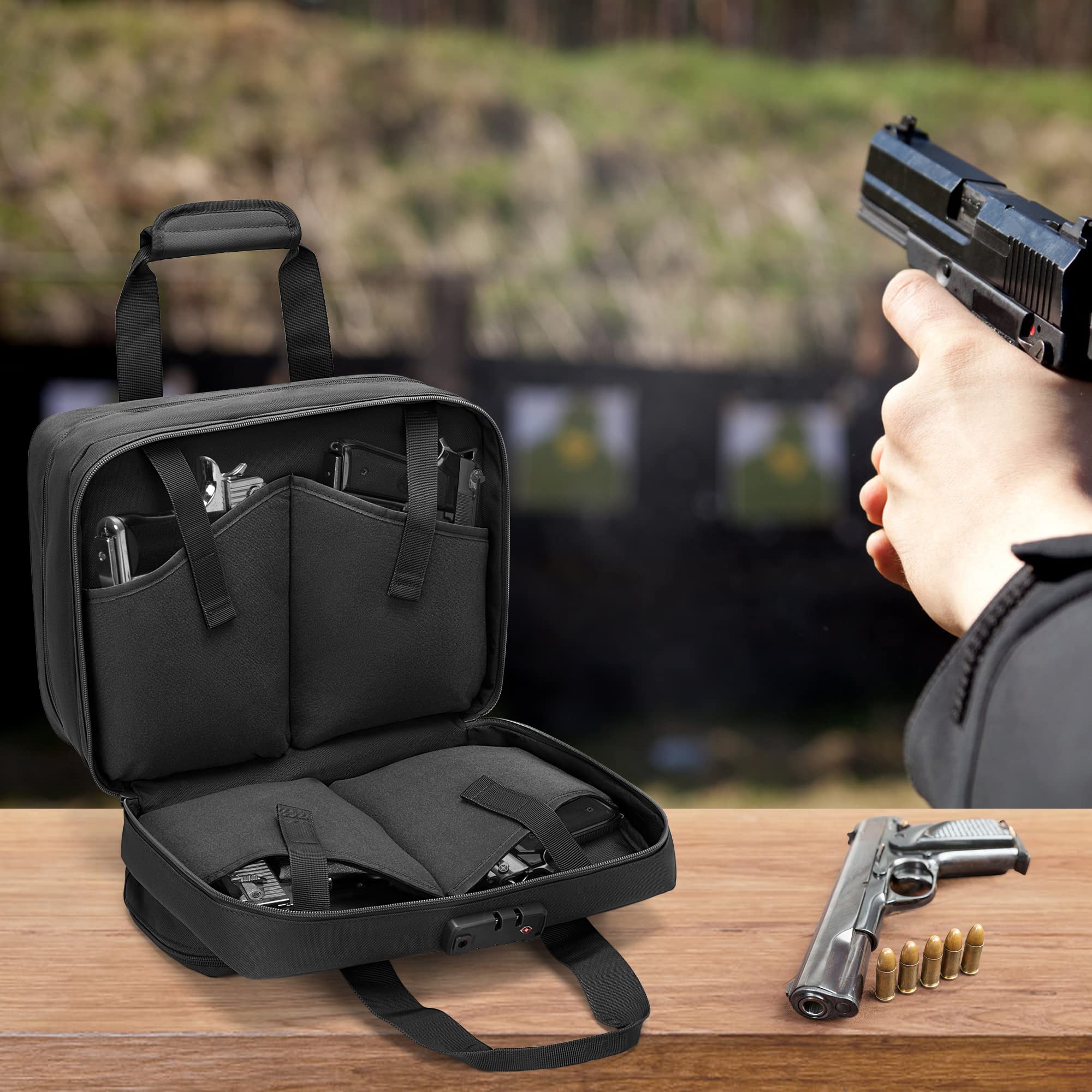 GOBUROS Gun Tactical Range Bag für 4 Handfeuerwaffen und Munition, Duffle Pistolentasche mit TSA-Schloss und 14x Magazinfächern für den Jagd-Schießstand-Sport