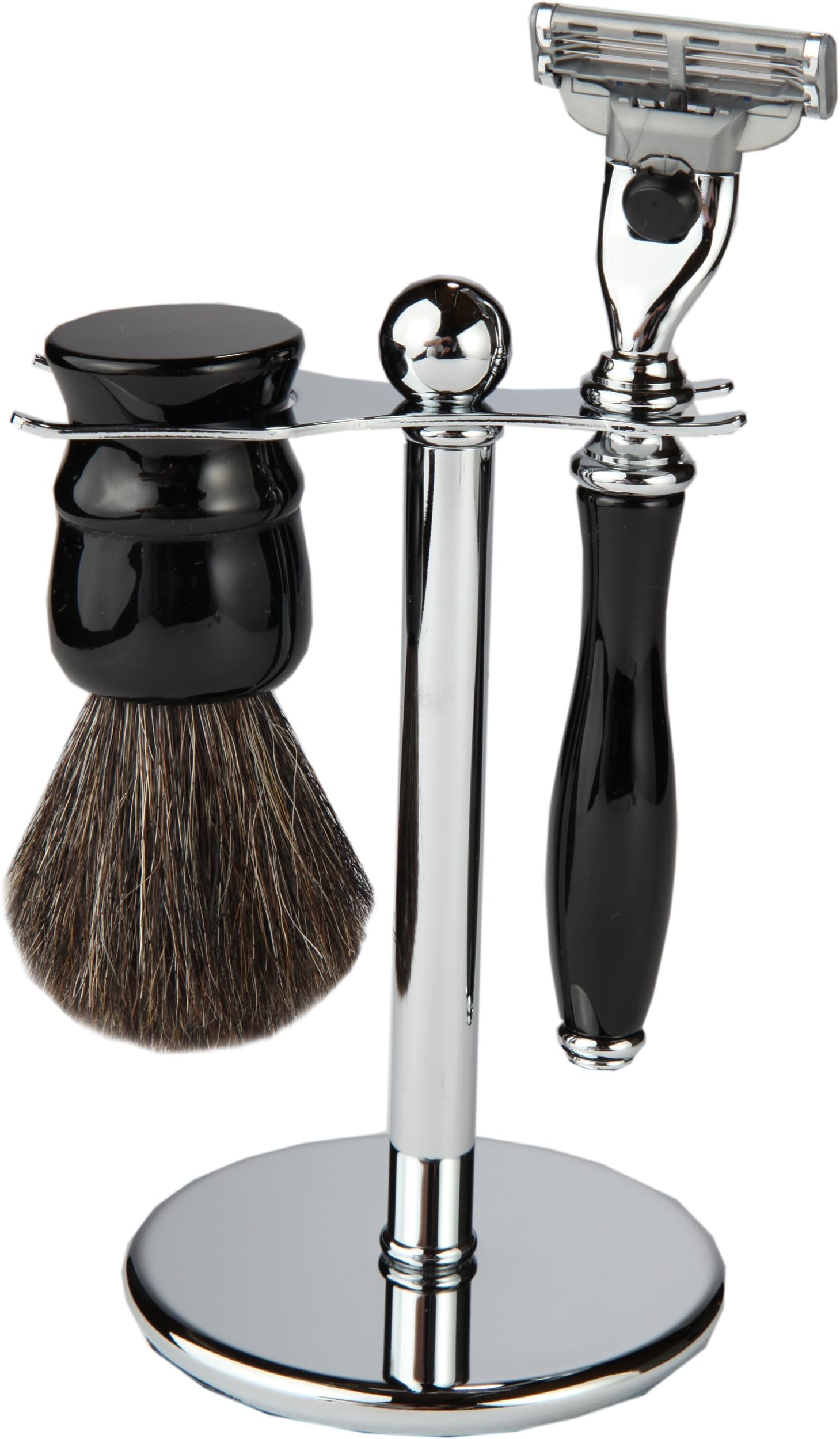 3 Piece Shaving Set with Mach 3 Heavyweight Handle, 100% Badger Brush, with All Metal Chrome Classy Stand (Matching Black)