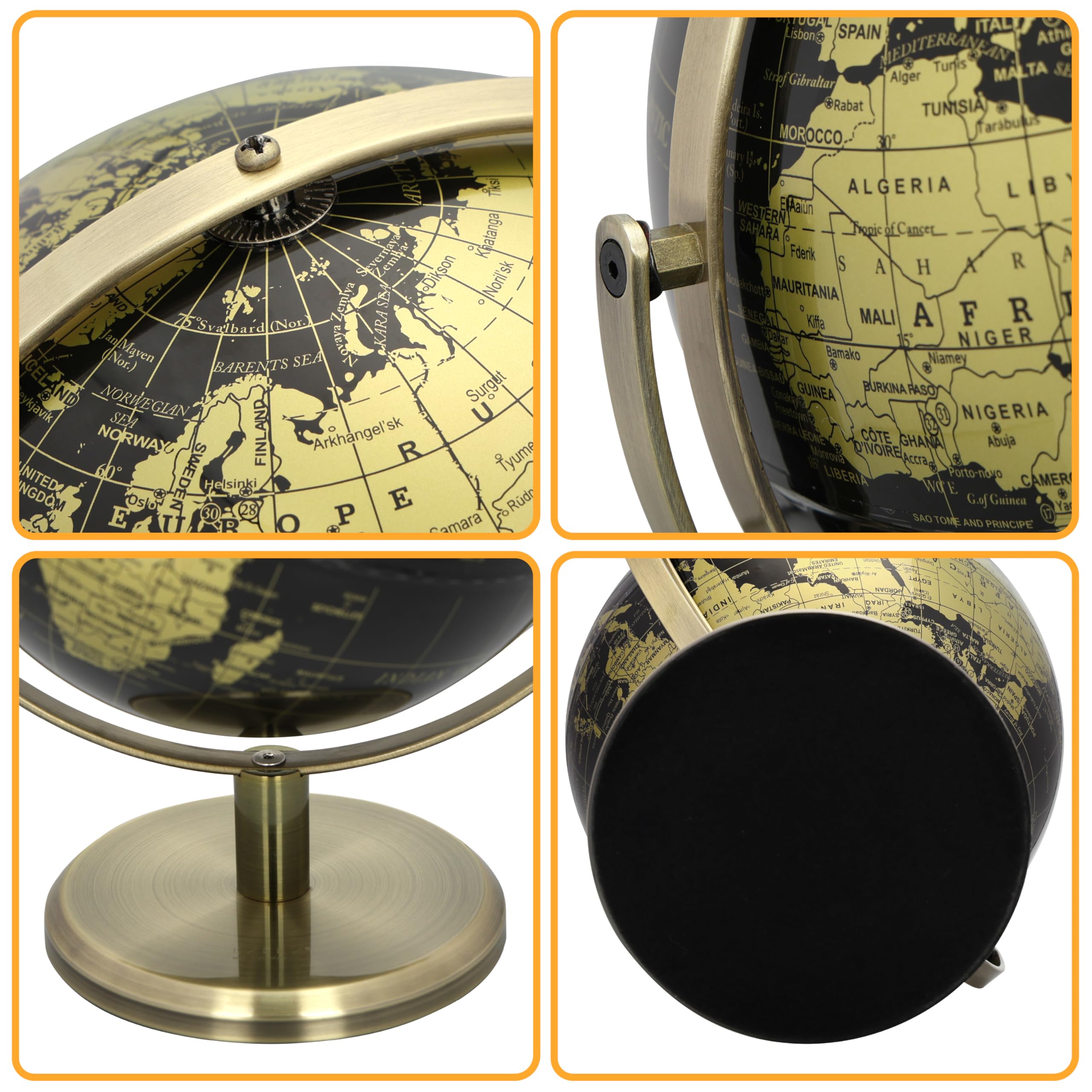 EXERZ 20 cm Globus Schwarz & Golden, 360 Grad Drehbar - Weltglobus Pädagogisch Geografisch - Bronzener Bogen und Sockel. Englische Karte.
