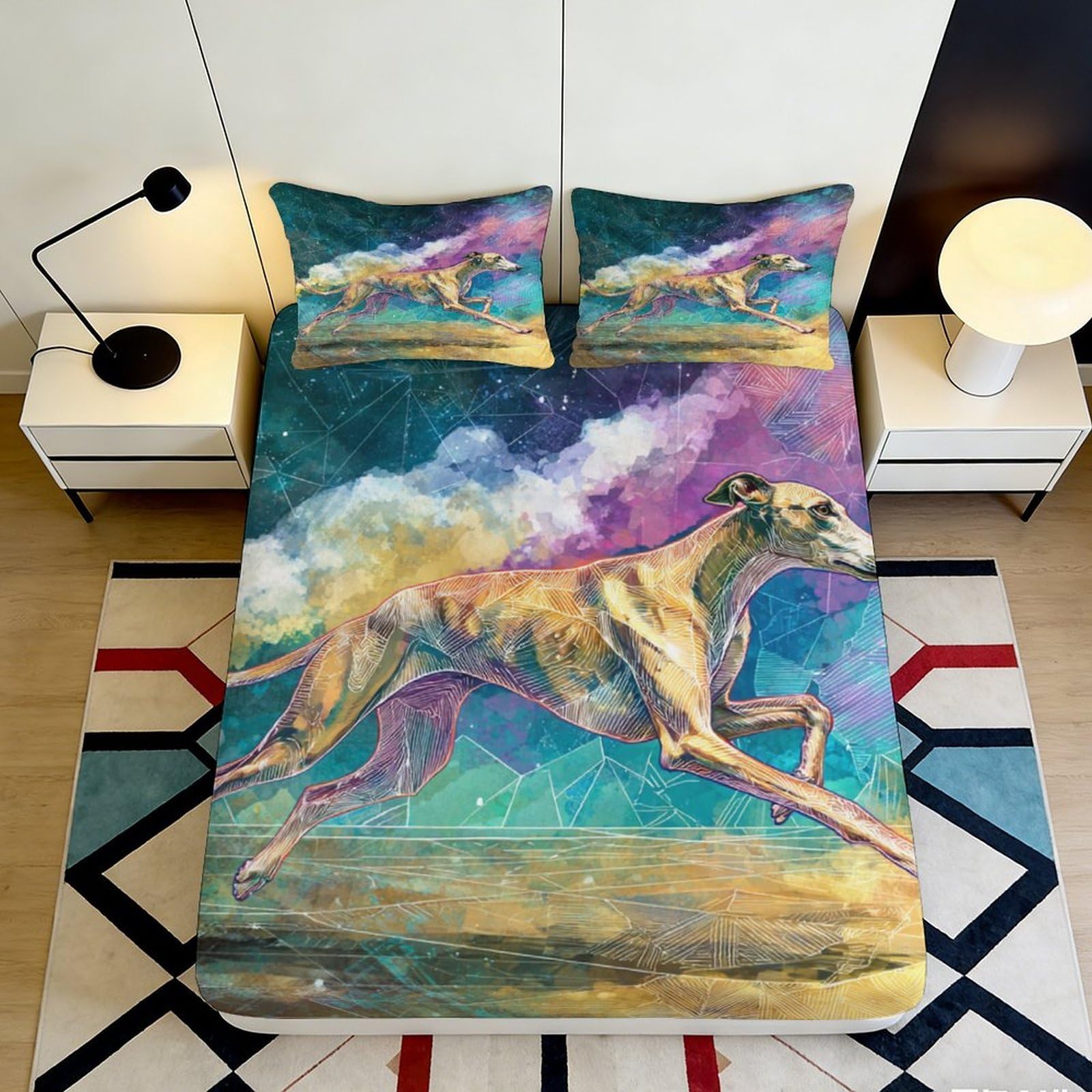 3D Printed Greyhound Art Fitted Sheet Microfiber Vibrant Abstract Bed Cover for Bedroom Dorm Room Mattress Protection Decor 120x200x25cm