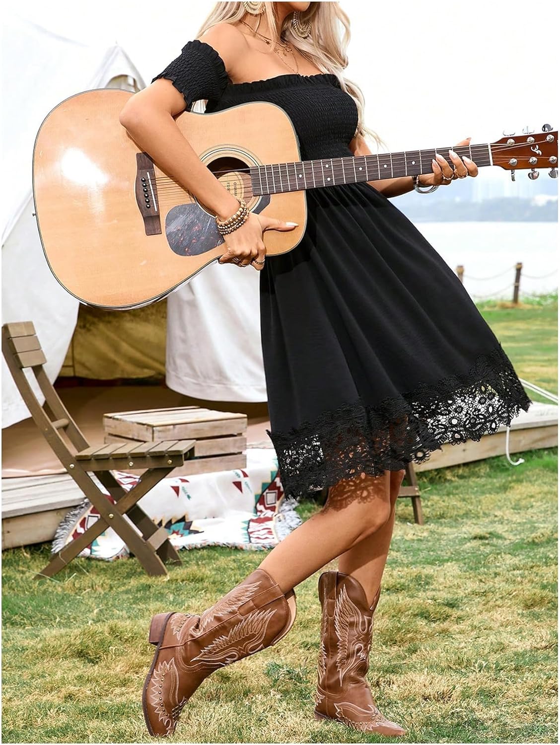 Floerns Women's Off Shoulder Short Sleeve A Line Dress Lace Trim Cowgirl Western Short Dresses - Image 5