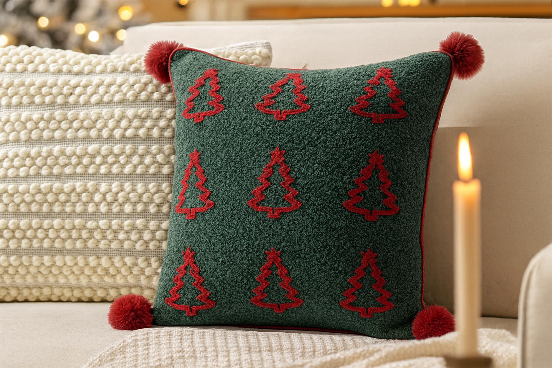 Fennco Styles Green Christmas Tree Embroidered Filled Throw Pillow – 18" X 18" Soft Boucle Holiday Cushion with Red Pom Poms for Winter Holiday Décor, Sofa, Couch, or Bed