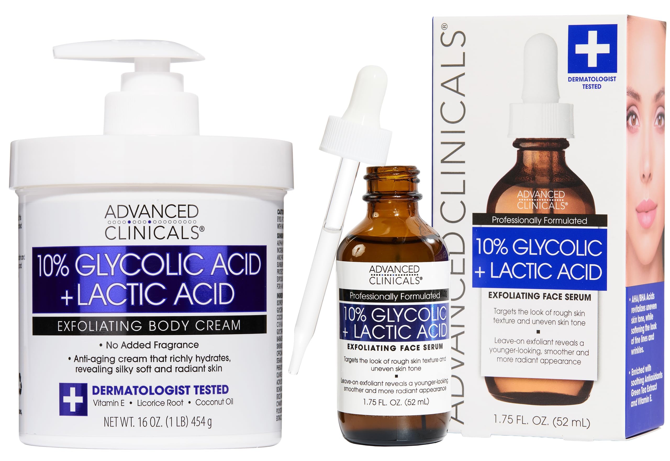Advanced Clinicals 10% Glycolic Acid + Lactic Acid Body Lotion Moisturizer + AHA Glycolic Acid Face Serum 2pc Exfoliating Skincare Set To Reduce Look Of Uneven Rough Skin Texture, Fragrance Free, 2pc