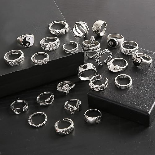 Miniatura 6 de Vintage Silver Open Punk Rings for Men Women 24PCS Adjustable Rings Alt Rings Chunky Silver Rings Bulky Rings Hippie Rings Cool Gothic RingStatement